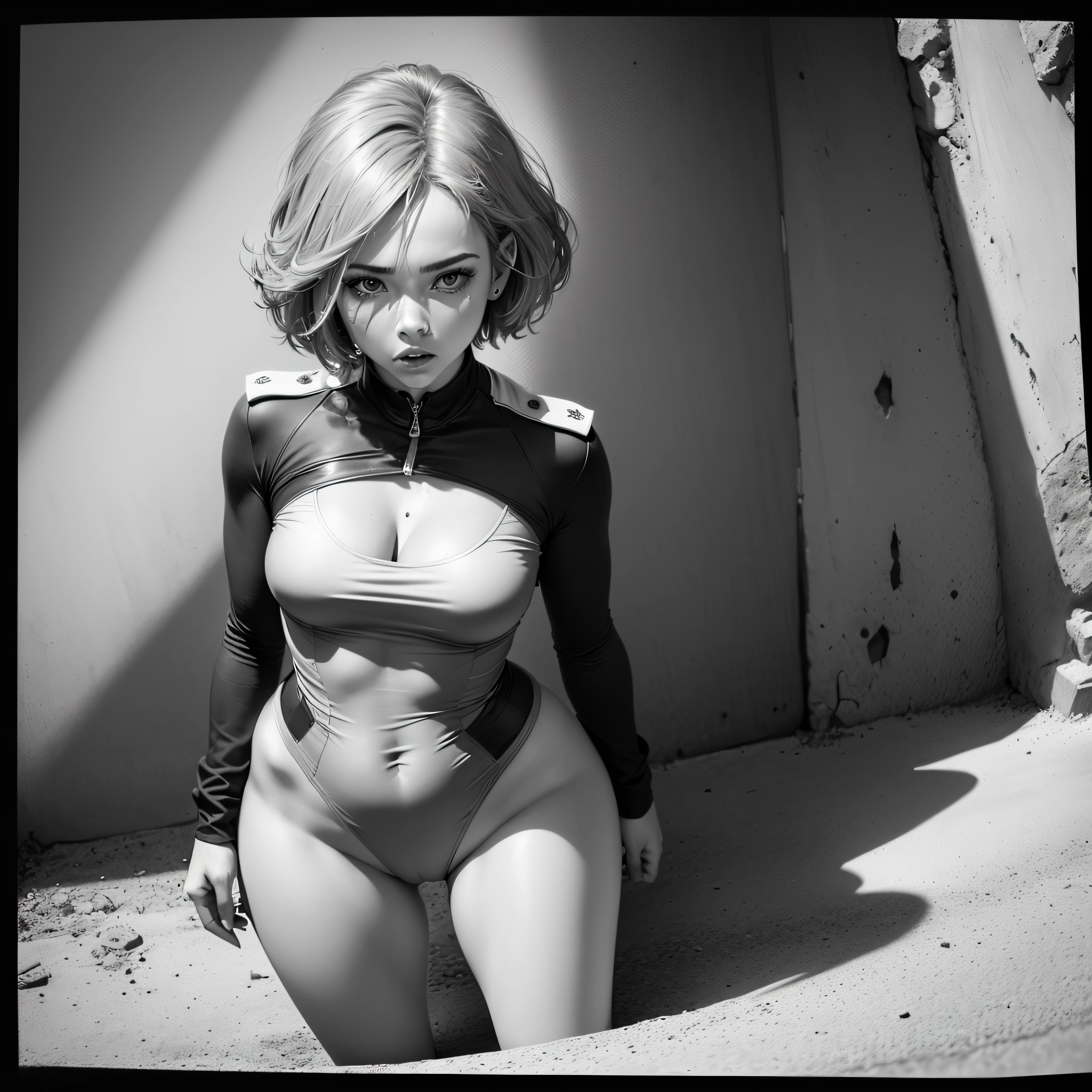 (fundo da imagem totalmente preta, (illustration:1.2 preto e branco),(melhor qualidade), (obra-prima:1.2), (unidade de papel de parede 8k extremamente detalhado, imagem em preto e branco, made in graphite pencils HB, (panorama shot:1.4) , (respingos),((GRAFITE)), sharp foc, 1 standing girl with short hair, parte superior do corpo, de coturno militar, cena de medo, fundo preto --auto