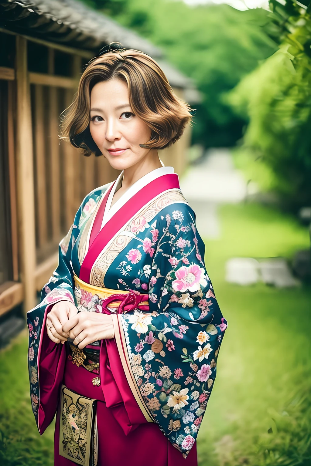 (masterpiece:1.2, best quality), (real picture, intricate details), solo, a grandmother,dark brown hair, short hair, Japan ,japanese,small,real,real photo,full-length
