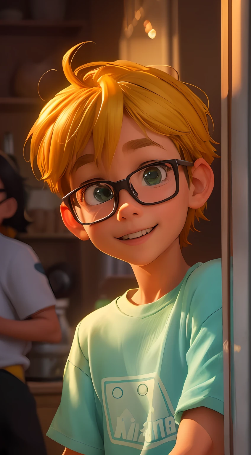 there is a young boy with glasses standing in a kitchen, animated film, animated movie, close up character, animated movie still, 3 d animated movie, cartoon pixar style, animation film still, closeup shot, animation film, bright macro view pixar, arnold maya render, cute character, animation character, cg art, animation still, pixar cartoon style, character close-up