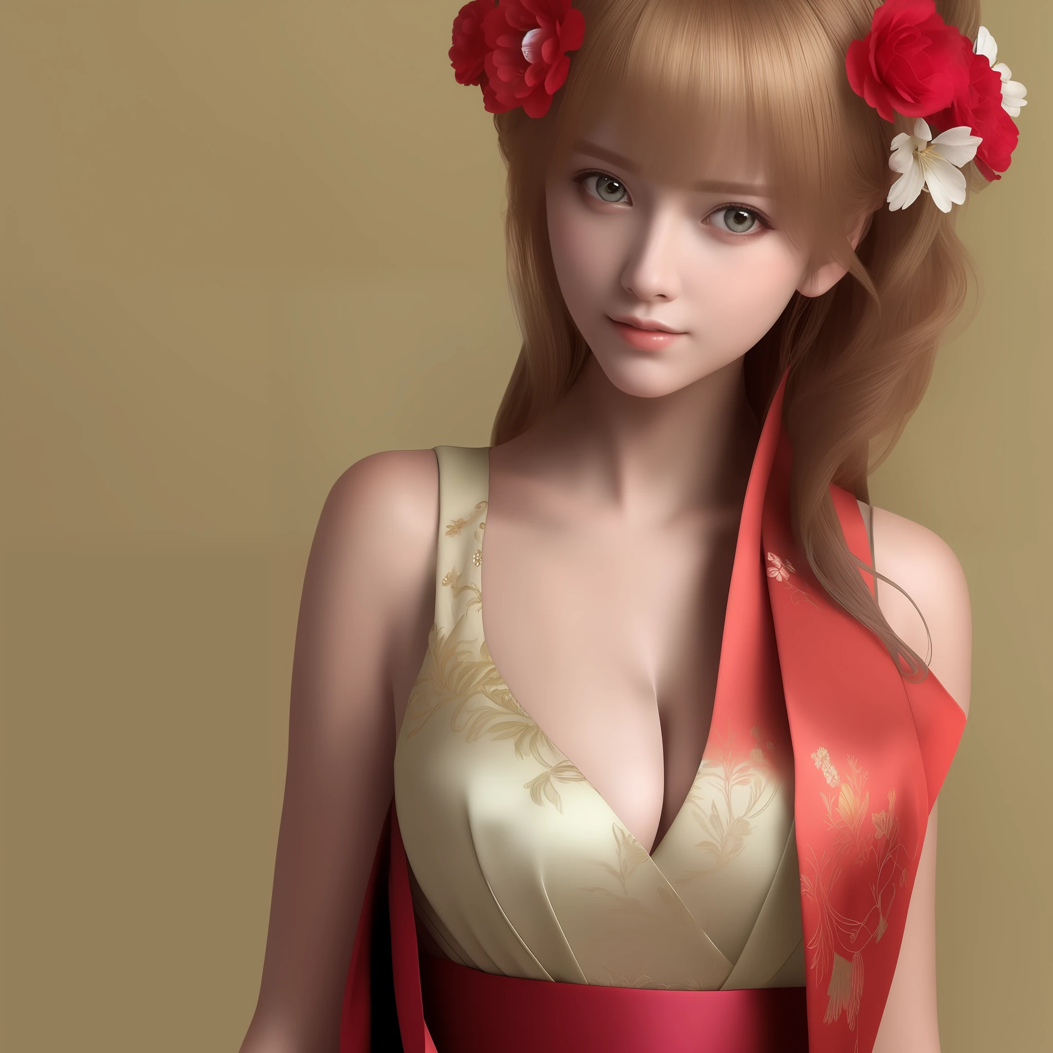 (巨作, Best quality), (Detailed beautiful eyes), (Detailed eyes and detailed face), (Beautiful clear background), (Extremely detailed CG, Super detailed, Best shadows), (( Depth of field)), beauty concept illustration, (illustration), (Extremely delicate and beautiful), (Perfect details), full body shot of a beautiful woman in a perfectly crafted dress, Red-black,golden trim, kimono with flowers 1girl , Flower, Big breasts, solo, hair adornments, Smile, komono, Blonde hair, Blue eyes, view the viewer, Cleavage, komono, Long hair, Upper body, Bare shoulders, hair flower, bangs, Shut up, Blush, Bare shoulders, Ohashi Yeka