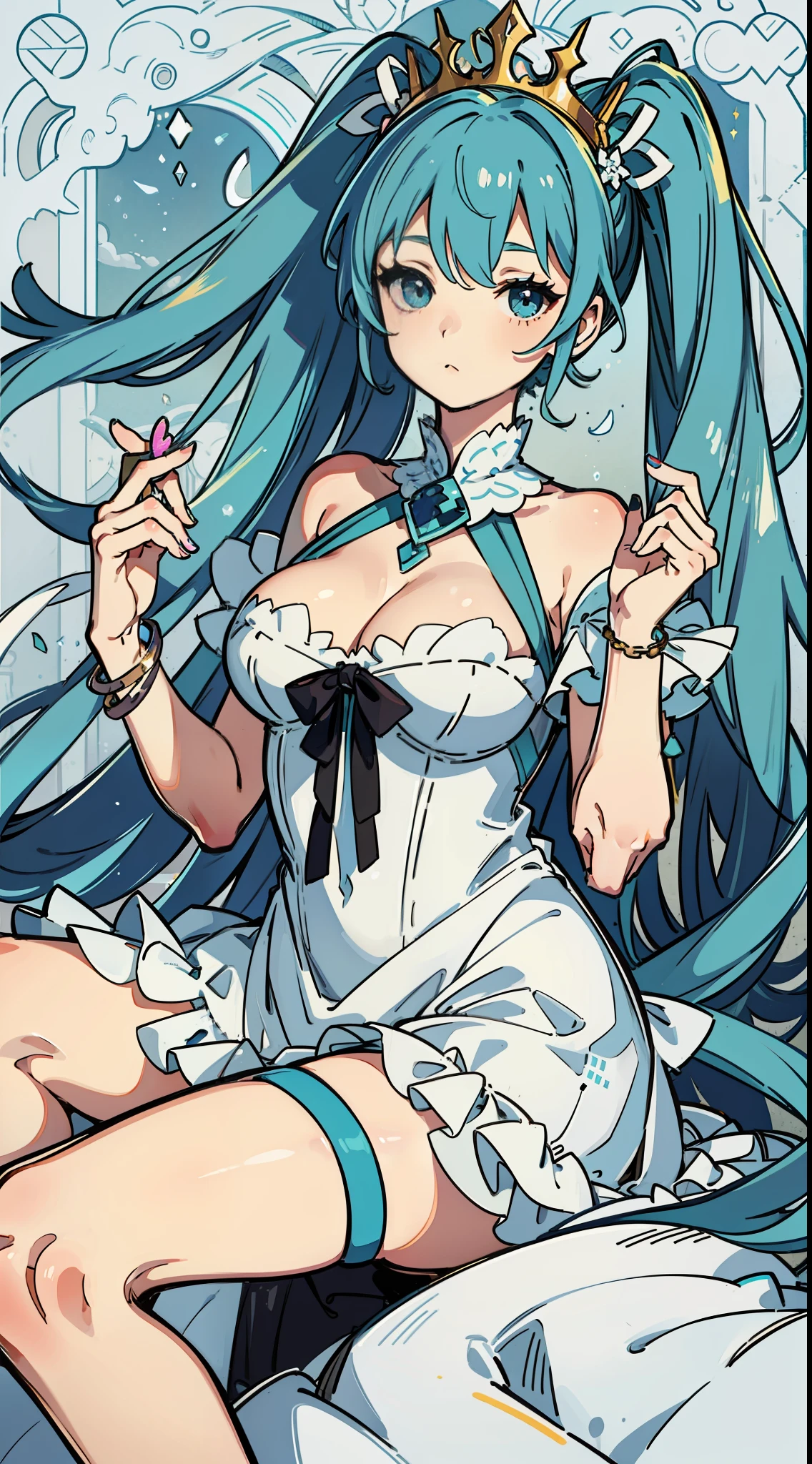 Big breasts Hatsune Miku，Laurel dog hairstyle，long white princess dress