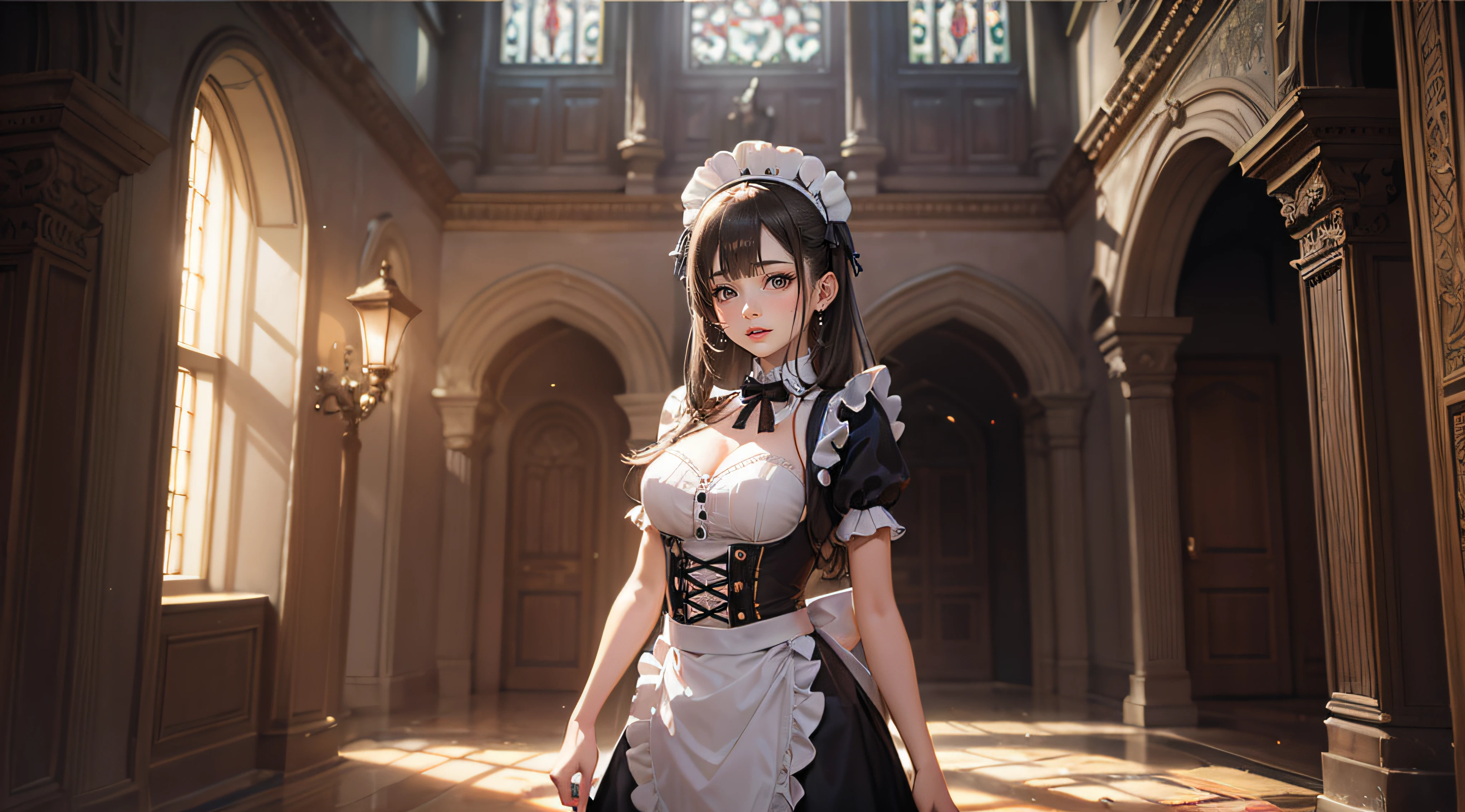 A stunning photograph of a girl in sexy maid outfit, standing in an old manor, captured in a naturalistic style by photographers Sam Yang and Ross Tran. The scene is highly-detailed, with intricate textures on the lady's clothing and sharp focus on the surrounding buildings. The lighting is bright and optimistic, with the sunlight creating a warm glow and a sense of hope and positivity,