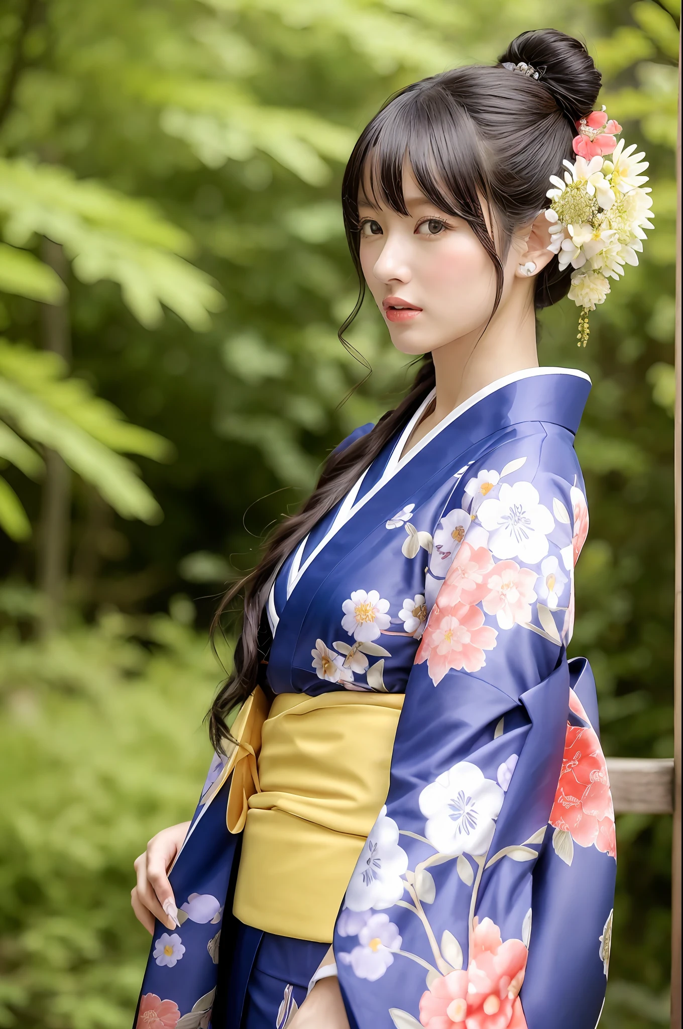 独奏, plein air, model in Japan, with floral pattern, hair adornments, looking at the viewers, flower in hair, verd s eyes, a masterpiece of, beste-Qualit, realisitic, Wearing kimono_Clothes,