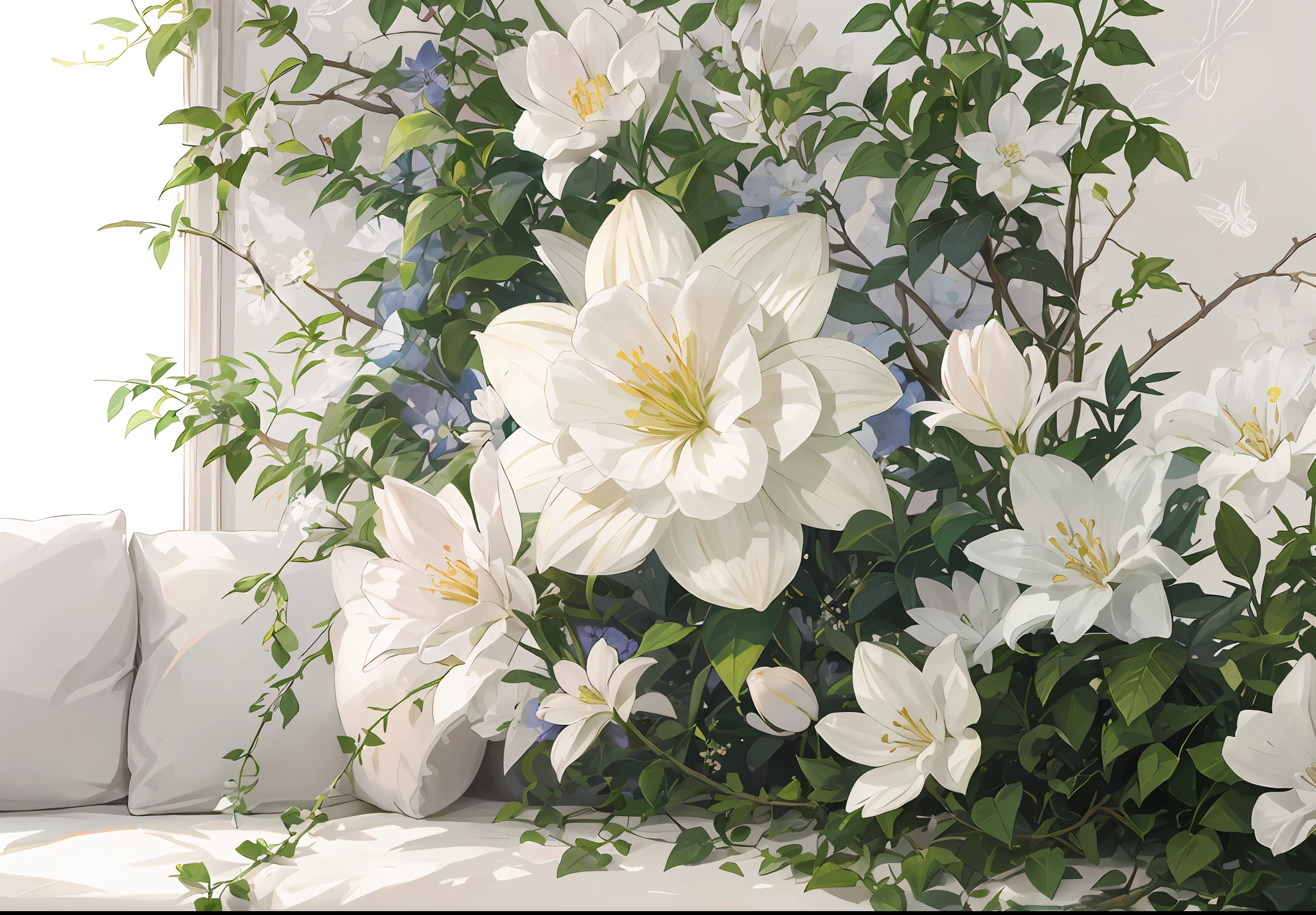 white blossoms、Entangled ivy、wall-paper、Pastel tones、Delicate touch