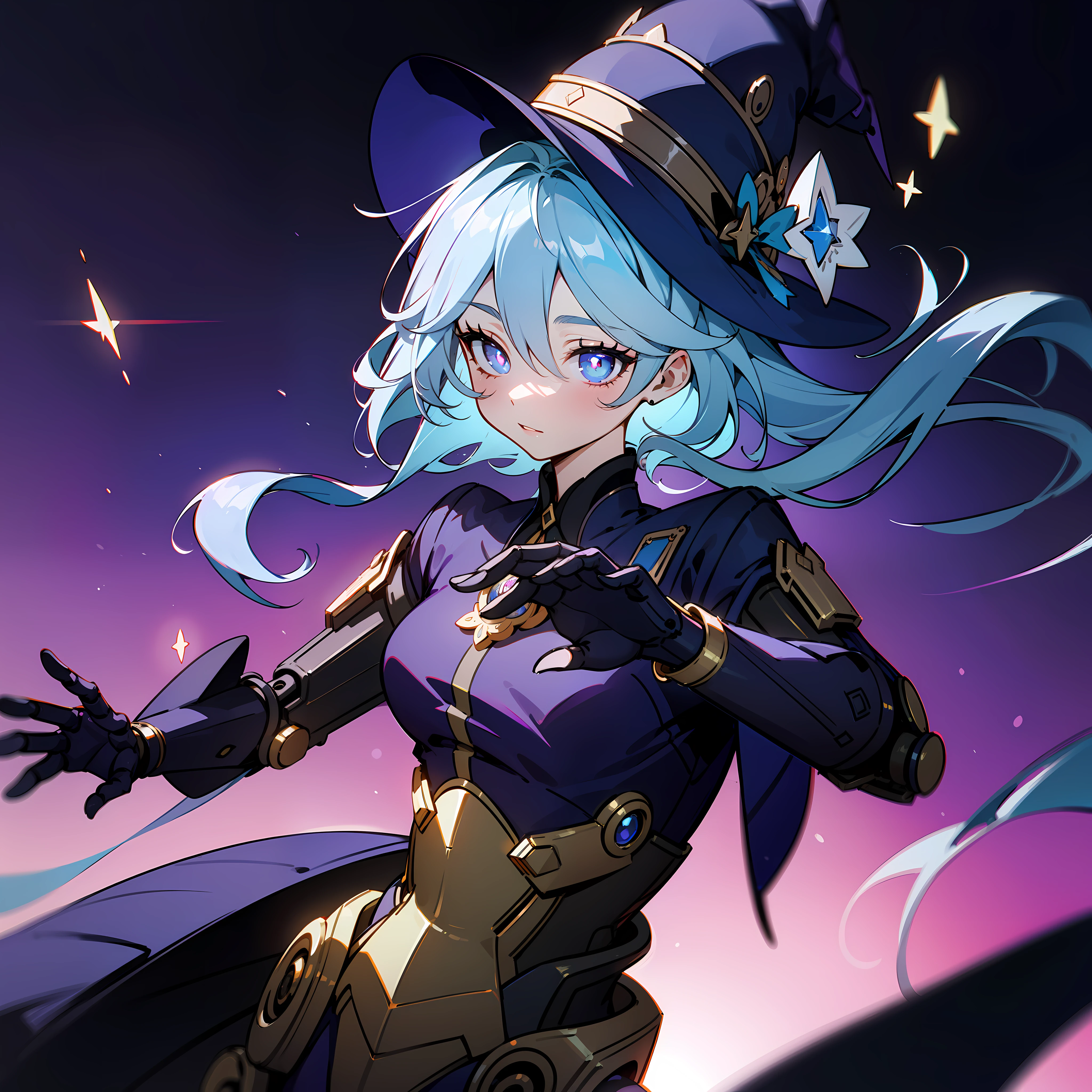 (((masterpiece))), best quality, ultra-detailed, chibi-style Android witch with star-shaped pupils, fantasy-themed steampunk vibes, purple color palette, floating, dynamic angle, dynamic pose, magic robot, robotic girl, dramatic lighting, blue and purple shadows, wide shot, masterpiece, uhd, robotic hands, metal skin expose, fantasy background