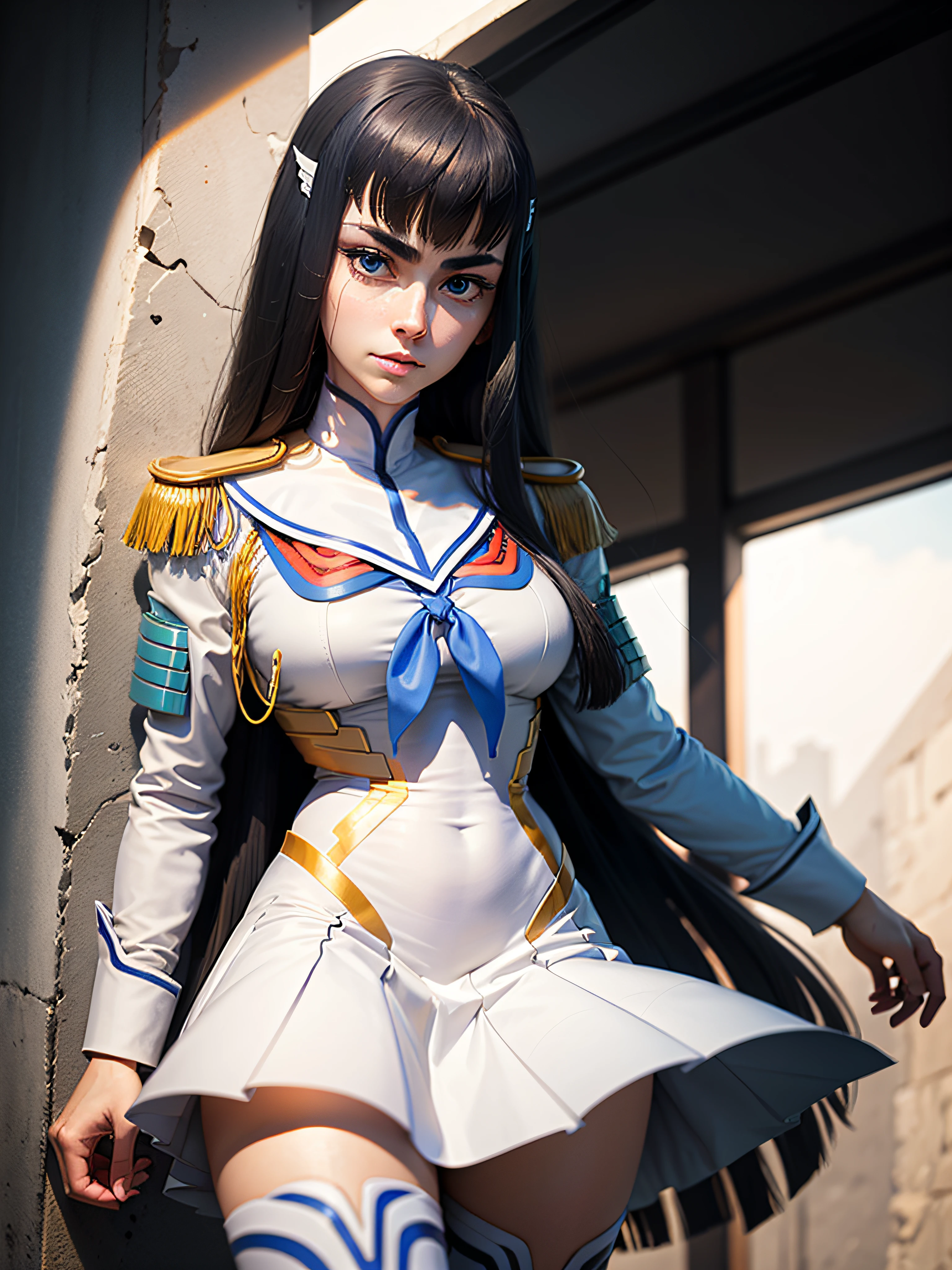 beautiful, masterpiece, best quality, extremely detailed face,  perfect lighting, 1girl, solo, kiryuin satsuki, blue eyes, junketsu, epaulettes, school uniform, skirt, white thigh boots, cowboy shot,