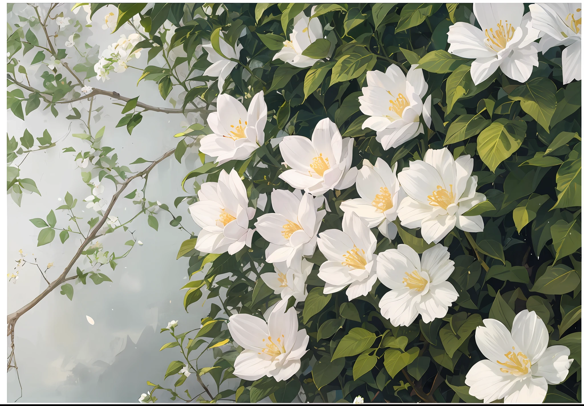 white blossoms、Entangled ivy、wall-paper、Pastel tones、Delicate touch