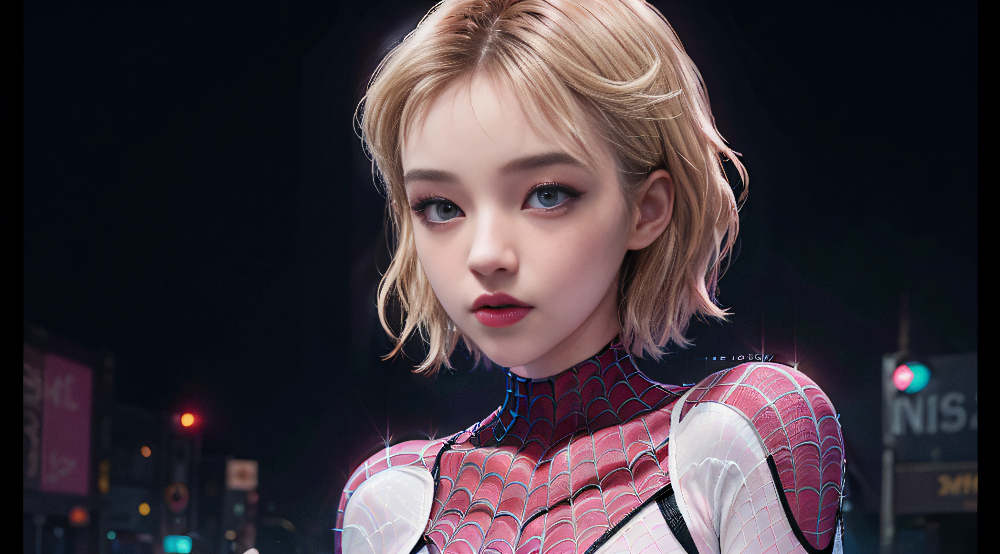 Full body photo, 25 years old Spider-girl, Gwen, Spider-Man, Wenger Spider-Man costume, ((white pink costume)), 24mm, 4k texture, low light, HDR, complex, short blonde hair, high detail, (side of shaved head: 1.3), sharp focus, crazy detail, complex detail, hyper-detail,