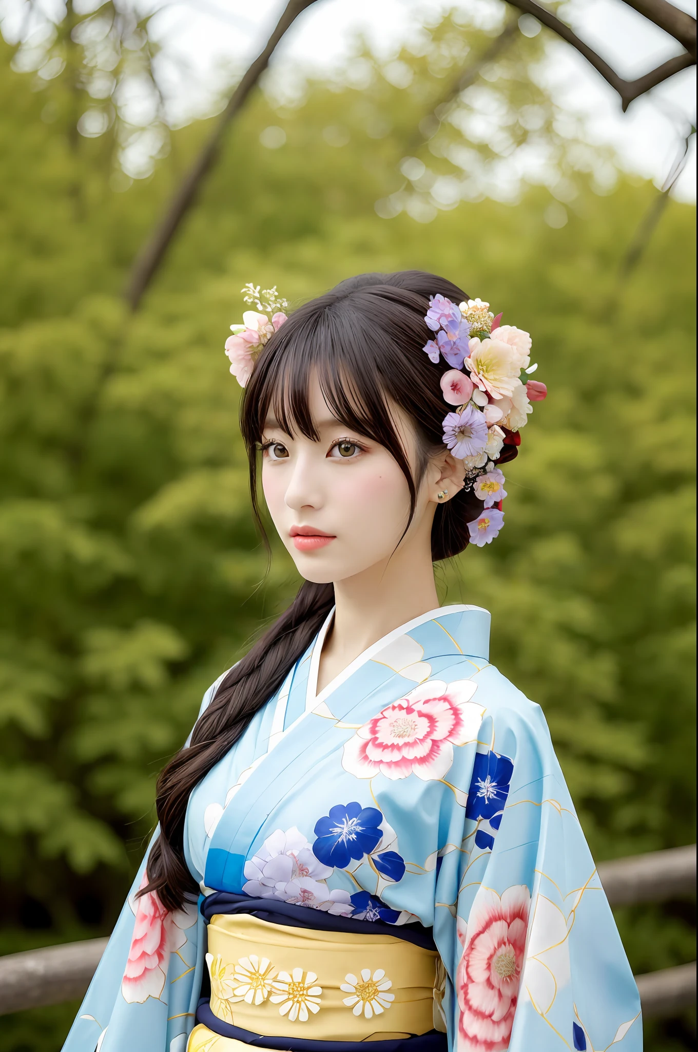 独奏, plein air, model in Japan, with floral pattern, hair adornments, looking at the viewers, flower in hair, verd s eyes, a masterpiece of, beste-Qualit, realisitic, Wearing kimono_Clothes,