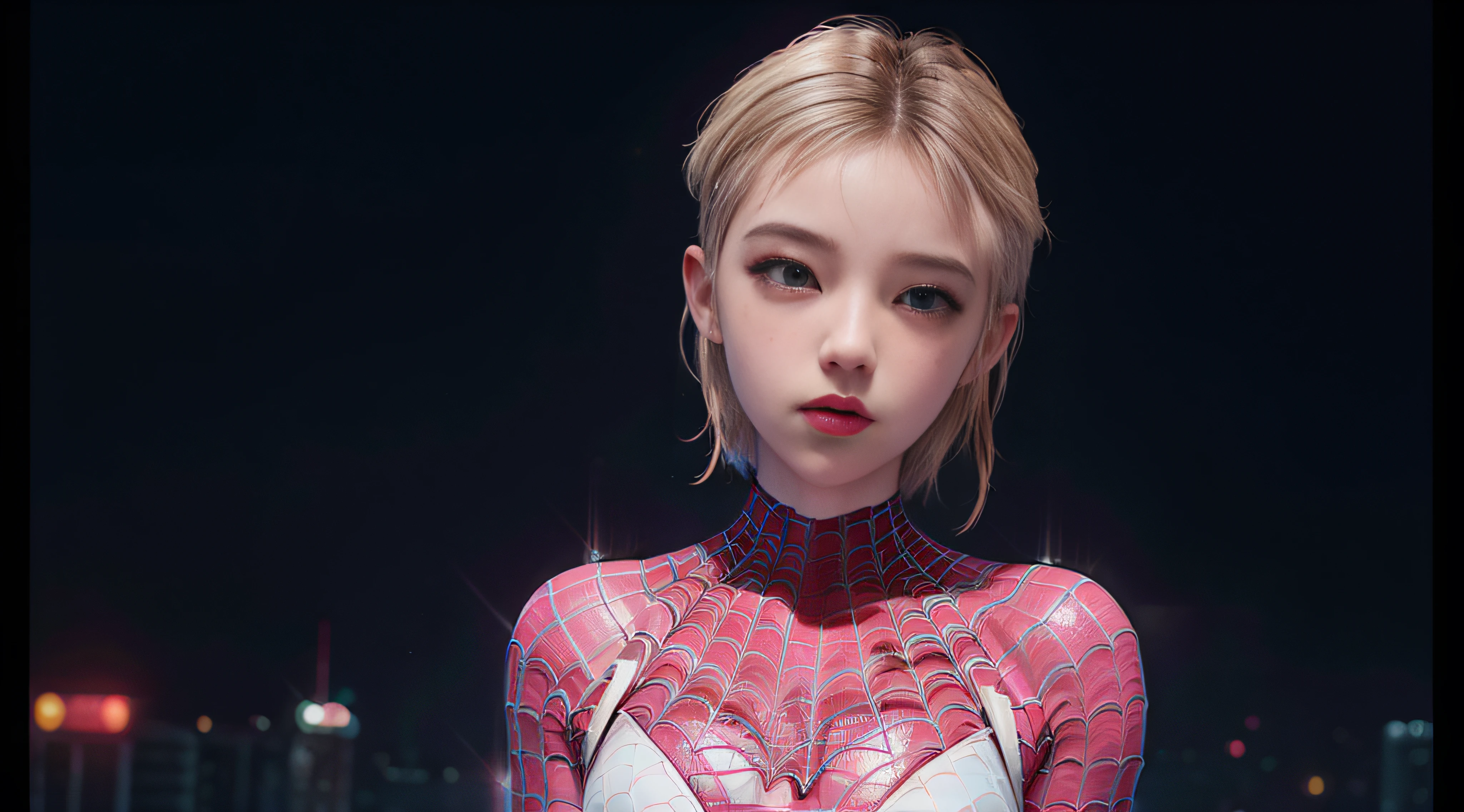 Full body photo, 25 years old Spider-girl, Gwen, Spider-Man, Wenger Spider-Man costume, ((white pink costume)), 24mm, 4k texture, low light, HDR, complex, short blonde hair, high detail, (side of shaved head: 1.3), sharp focus, crazy detail, complex detail, hyper-detail,