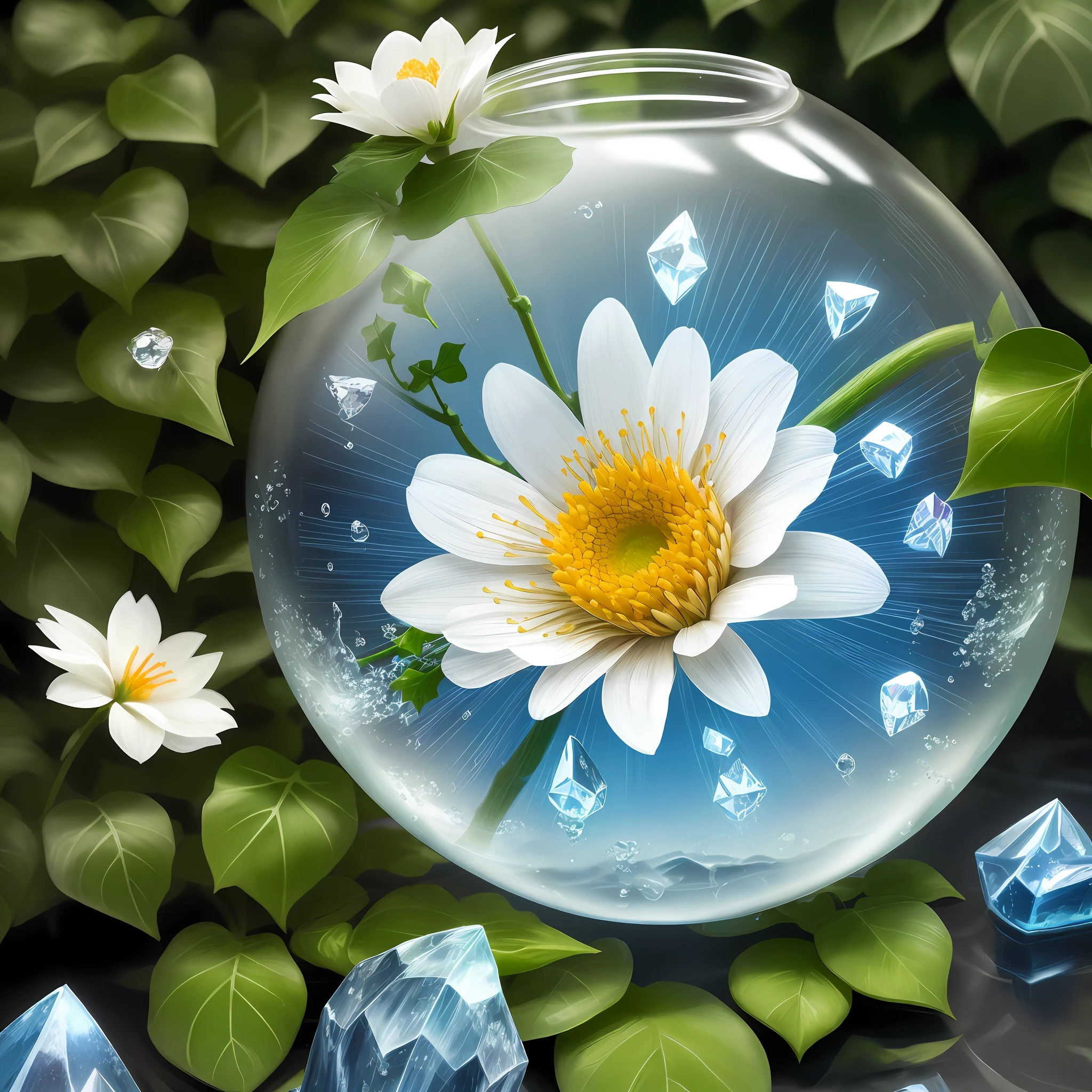 A white flower, transparent petals, as deep as sea water, crystal clear + dewdrops, 8K, HD, ivy, flowers, tropical plants