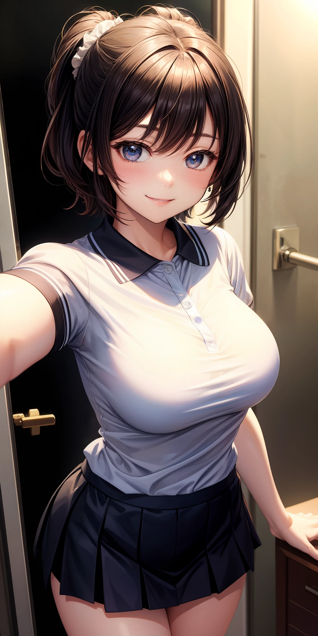 realisticlying、女の子 1 人、selfee、Polo shirt、Wearing a ruffled miniskirt、Breasts slightly larger、Emphasis on transparent cleavage in clothes、Smile、A sexy、Hair Very Short
