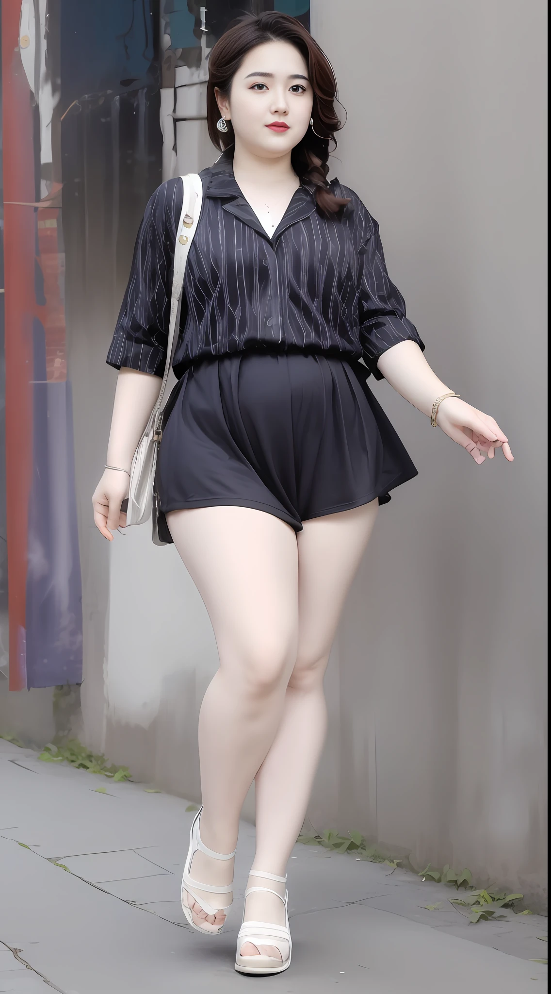 Tall plus-size cute girl，Colorful summer，Wearing a summer girly vest＋short  skirt，Street photography，Height 180cm，Long legs，Perfect figure