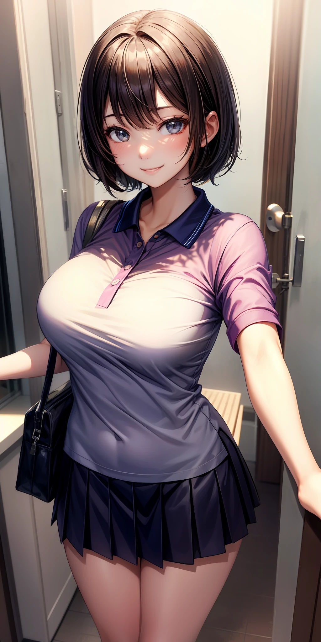 realisticlying、女の子 1 人、selfee、Polo shirt、Wearing a ruffled miniskirt、Breasts slightly larger、Emphasis on transparent cleavage in clothes、Smile、A sexy、Hair Very Short