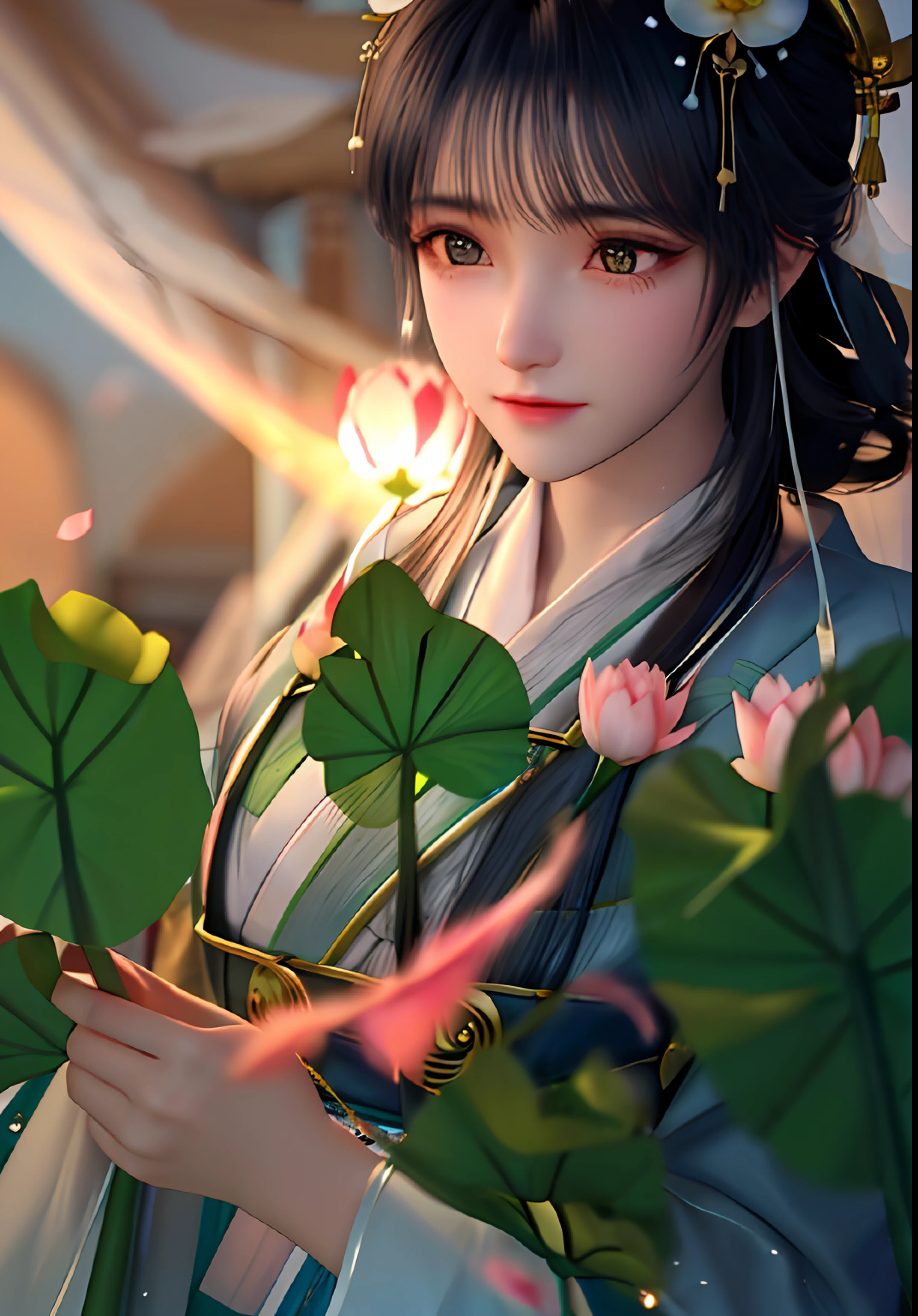 There is a close-up of a girl in a green Hanfu full body, Surrounded by lotus flowers and lotus leaves，{best quailty}，{ {a masterpiece of}}，Extremely detailed 8k wallpaper，{An extremely delicate and beautiful}，Colorful，intricate detailes，photorealestic，Realiy，Camera quality，（Carefully portray clothes），Cold white skin，（Carefully portray blush）,1080 points soft cute，Smooth light silver hair，Messy beauty，Sense of brokenness，The skin is shiny and silky，3D stereoscopic，a masterpiece of，The best quality，The illustrations are super detailed，Beautiful  eyes，Very delicate light，Fine luminescence，Very detailed 8k CG wallpaper，Peach blossom eyes，Red pupils，An extremely delicate and beautiful girl，8k wall paper，best quailty，full body shot close up，a white long skirt，Luxuriously silky bright red chiffon overshine（illusion，glitters，Ultrathin，softness，）Hanfu