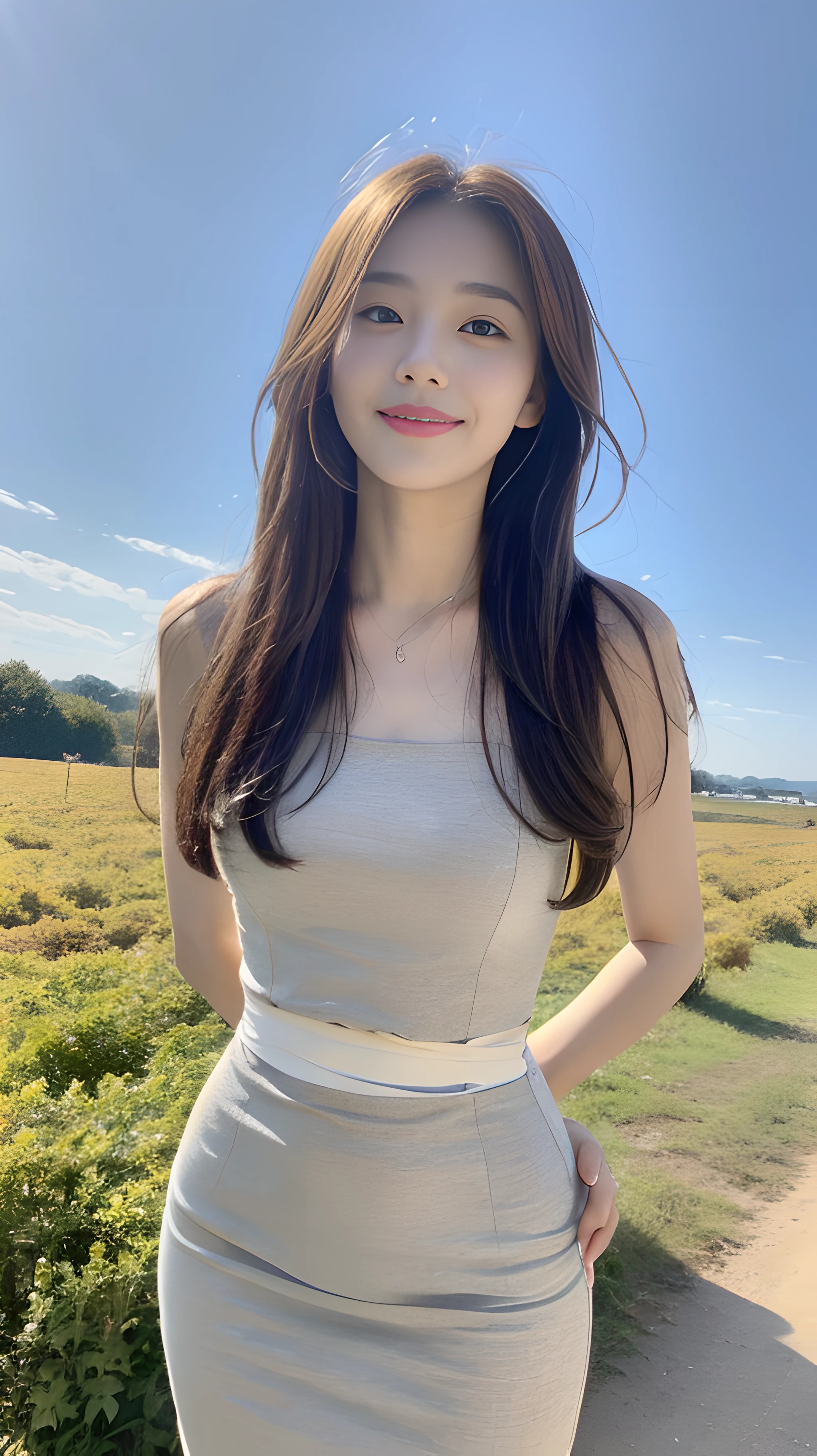 (1 Korean star with royal sister style), ((Best quality, 8K, 巨作: 1.3)), focal point: 1.2, Perfect body proportions: 1.4, (Make a smile), (Sunset: 1.3),  Watery eyes, highly detailed face and skin textures, Fine eyes, Double eyelids, Whitens the skin, (length hair, Air bangs: 1.3), (Round face inches: 1.5), (((French waist dress)))（Blue Sky 1:3。 ）（In the endless countryside 1:2），Take photos from medium and long distances while sitting