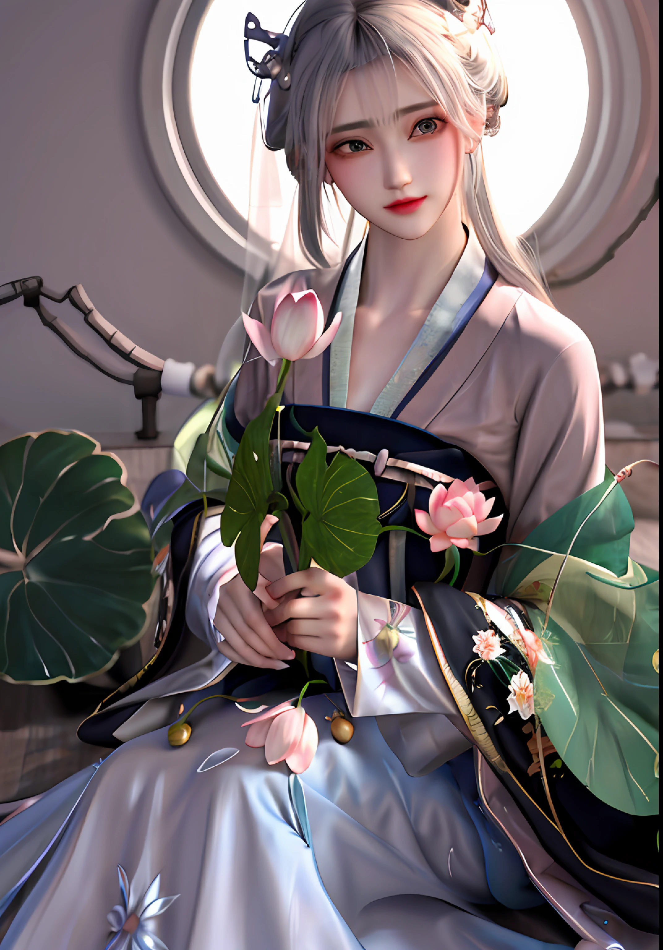 There is a girl dressed all over in green Hanfu, In the lotus bush,{best quailty},{ {a masterpiece of}},Extremely detailed 8k wallpaper,{An extremely delicate and beautiful},Colorful,intricate detailes,photorealestic,Realiy,Camera quality,(Carefully portray clothes),Cold white skin,(Carefully portray blush),1080p,Soft cute,Smooth light silver hair,Messy beauty,The skin is shiny and silky,3D stereoscopic,a masterpiece of,The best quality,The illustrations are super detailed,Beautiful eyes,Very delicate light,Fine luminescence,Very detailed 8k CG wallpaper,Peach blossom eyes,Red pupils,An extremely delicate and beautiful girl,8k wall paper,best quailty,full body shot close up,a white long skirt,Luxuriously silky bright red chiffon overshine(illusion,glitters,Ultrathin,softness,)Hanfu