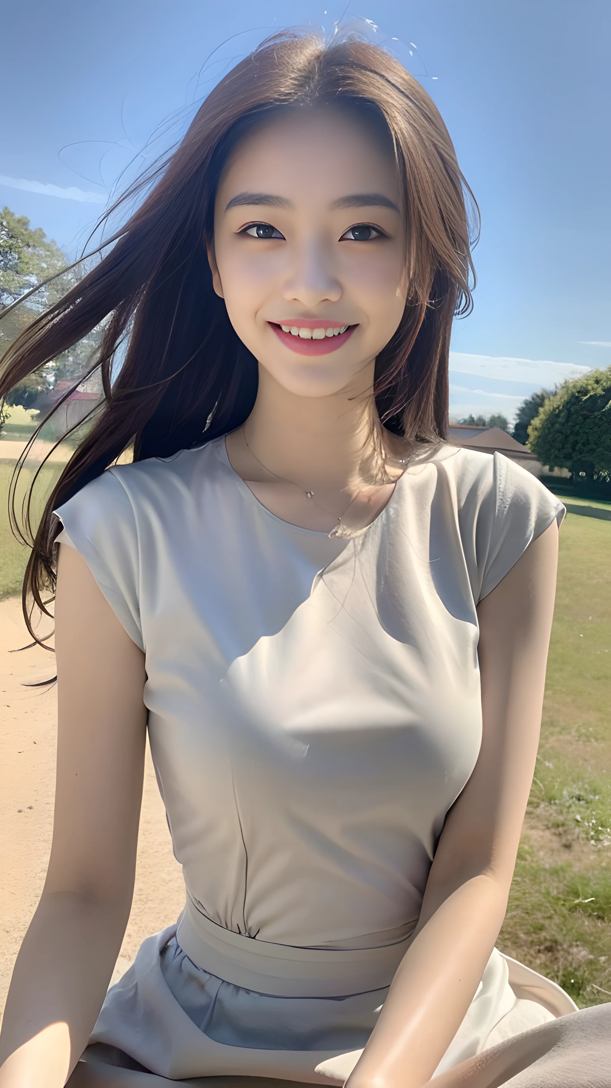 (1 Korean star with royal sister style), ((Best quality, 8K, 巨作: 1.3)), focal point: 1.2, Perfect body proportions: 1.4, (Make a smile), (Sunset: 1.3),  Watery eyes, highly detailed face and skin textures, Fine eyes, Double eyelids, Whitens the skin, (length hair, Air bangs: 1.3), (Round face inches: 1.5), (((French waist dress)))（Blue Sky 1:3。 ）（In the endless countryside 1:2），Take photos from medium and long distances while sitting