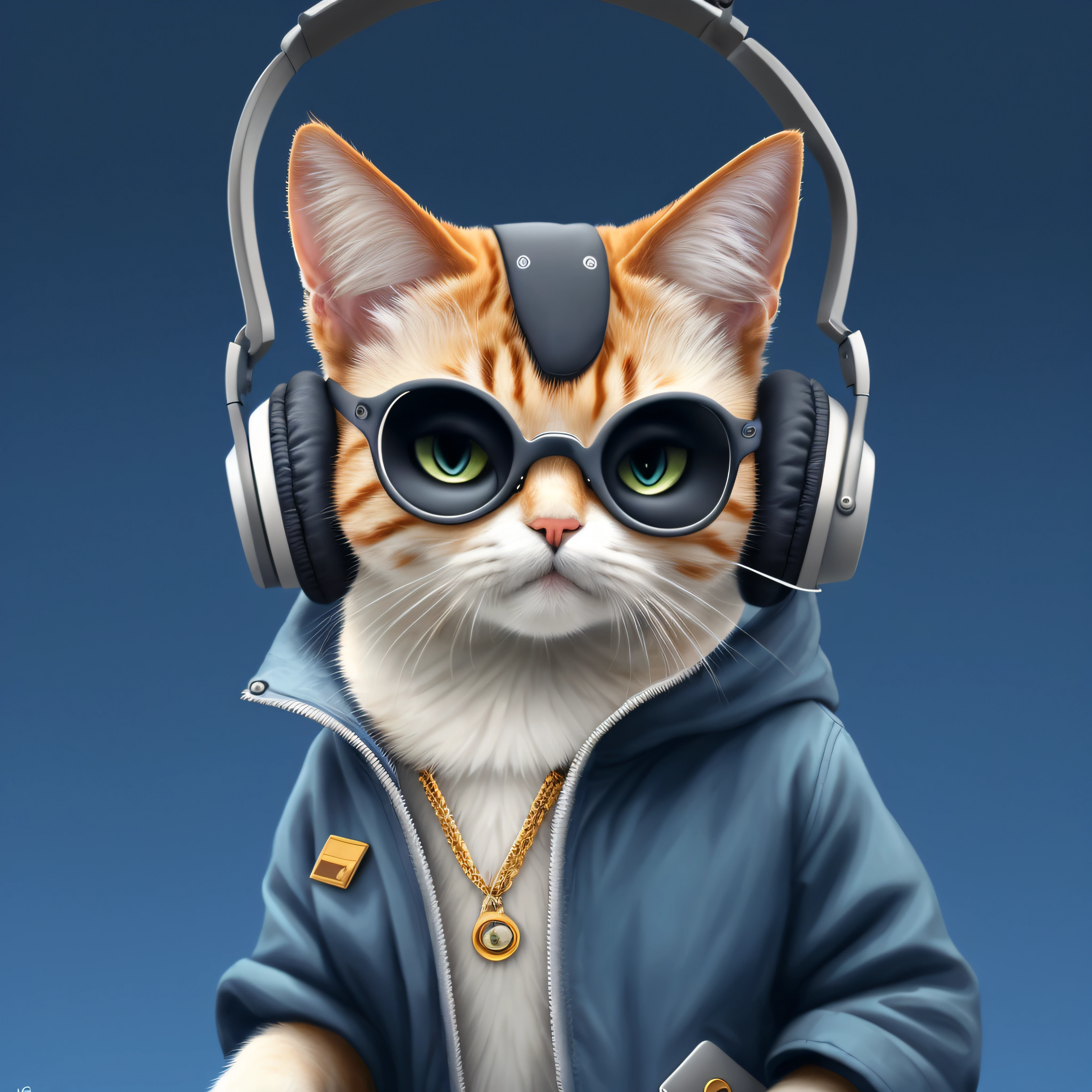 there is a cat wearing headphones and a jacket, usando fones de ouvido de gato, olhando heckin legal e elegante, ultrarealistic illustration, anthropomorphic cat, ultra realistic illustration, gato cyberpunk, painting digital adorable, papel de parede de alta qualidade, hyperrealistic illustration, arte digital detalhada bonito, realistic illustration, retrato de ultra realista, Cybercat, artista peludo