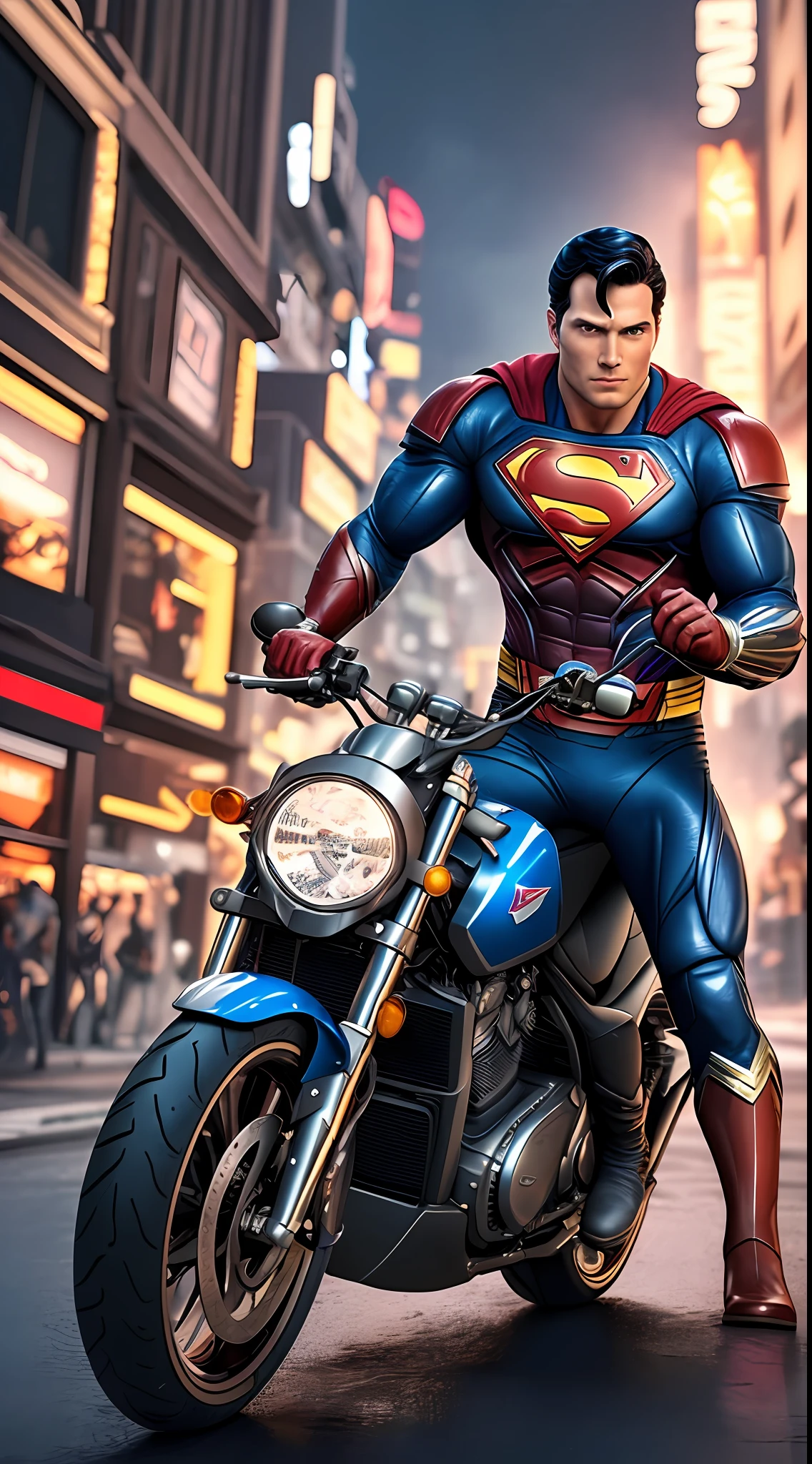 masterpiece, best quality, 8k, superman with motorcycle. Professional photograph of a stunning man detailed, cinematic lightning, octane render, unreal engine, volumetrics dtx