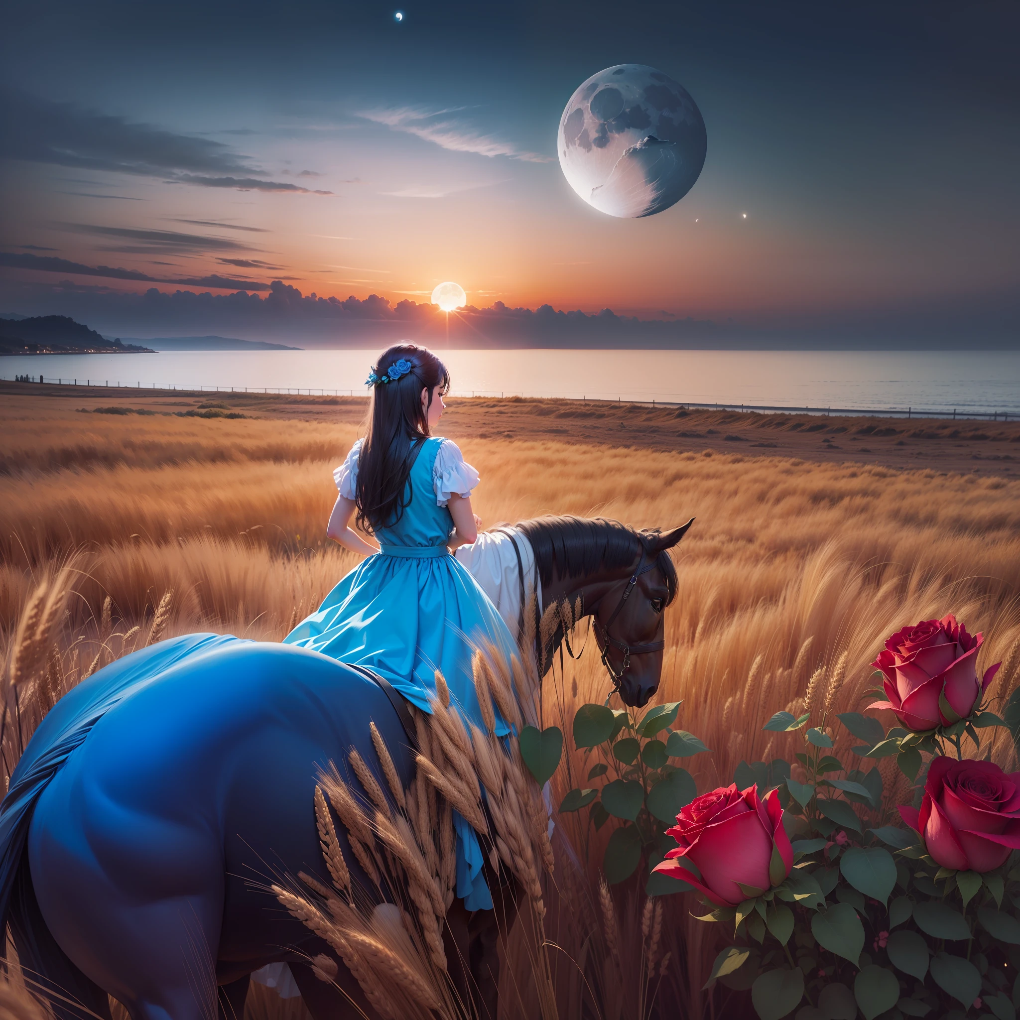A girl in a field of wheat wearing a blue dress by the sea, the moon and the sun setting on a horse of roses --auto
