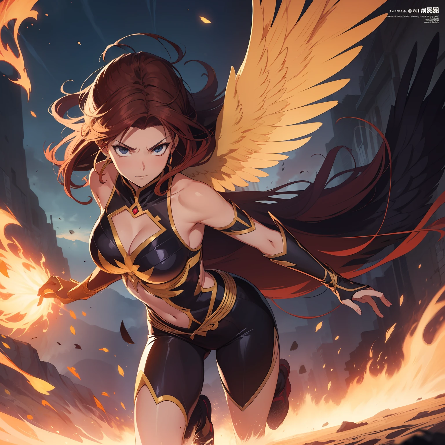 (1 garota), with amor thematic phoenix , (manga art style),Anime Visual, Obra-prima do anime, ((corpo inteiro)) , passaro de chamas ao fundo, concentrando fogo, correndo muito ,(visao frontal)