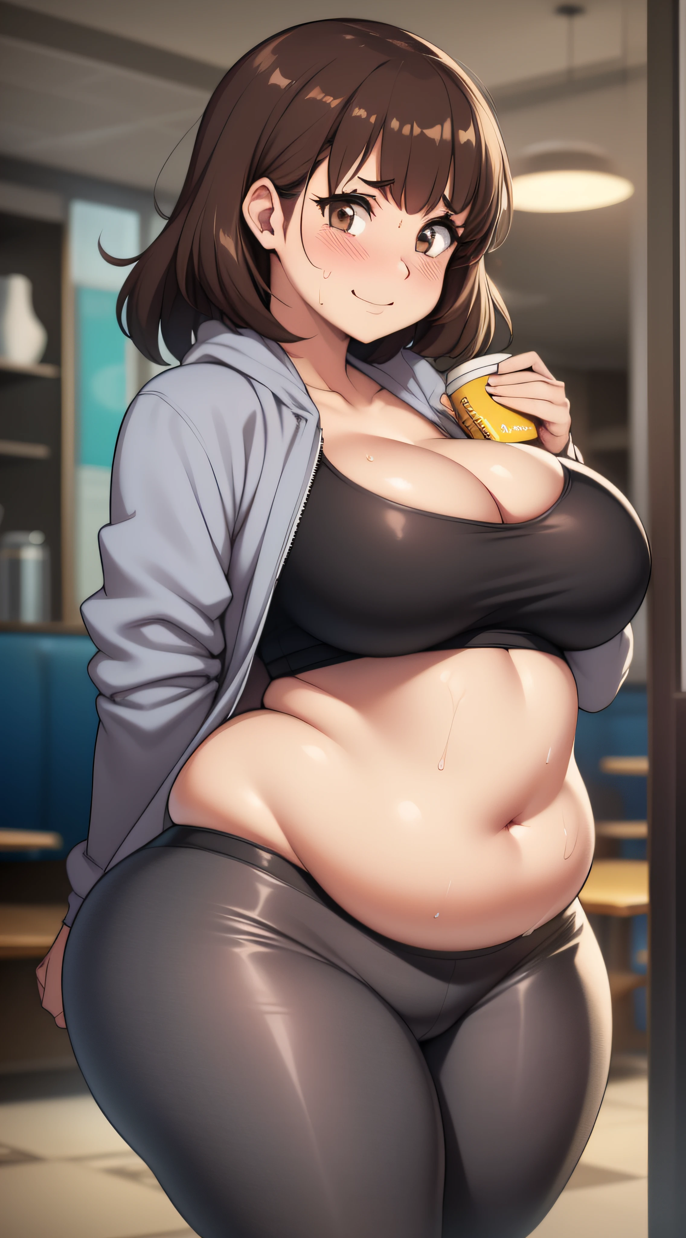(((kipteitei art))), Masterpiece, high quality, best quality, beautiful, HD, perfect lighting, detailed face, detailed body, 1girl, solo, medium hair, ((fluffy hair)), brown hair, brown eyes, looking at viewer, (weight conscience), shy, (((nervous))), blush, smile, (affectionate), sweating, medium breasts, cleavage, perky breasts, ((wide hips)), ((((thick thighs)))), ((thicc)), ((pudgy)), tummy overhang, belly poke, ((white shirt on under jacket,)) (((grey jacket)), ((black leggings)), ((tight clothes)), cafe, in public, she has a jiggly belly, she has fat thighs