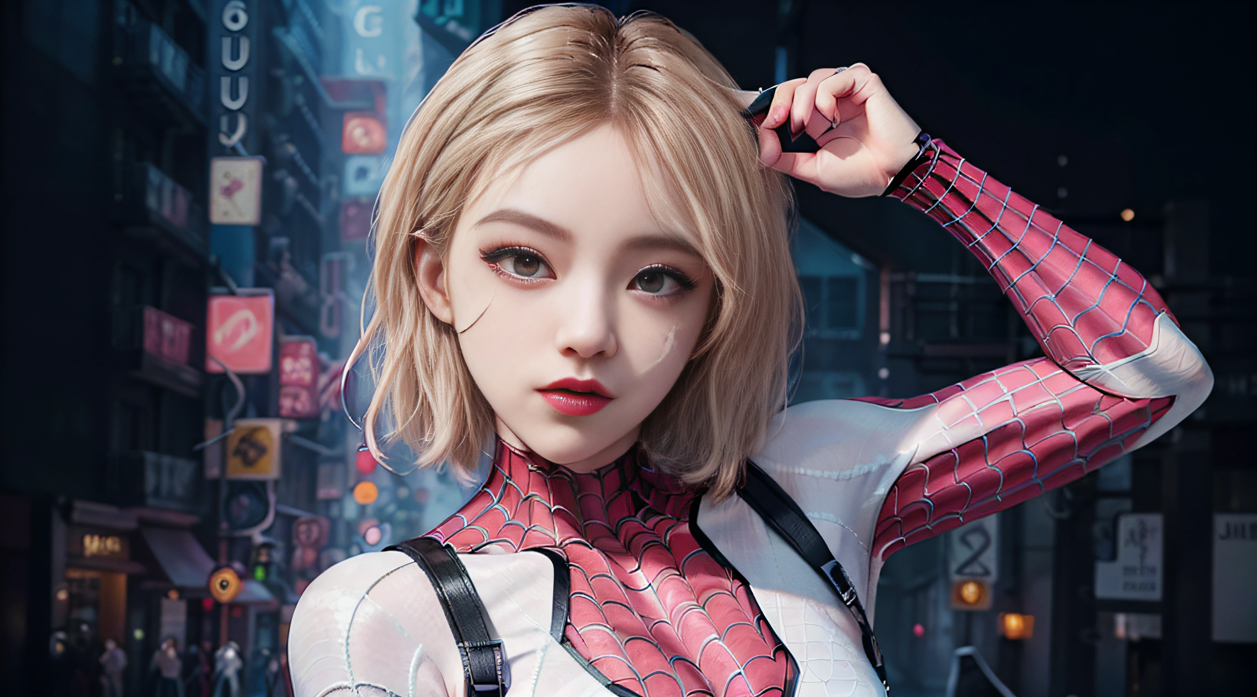 Full body photo, 25 years old Spider-girl, Gwen, Spider-Man, Wenger Spider-Man costume, ((white pink costume)), 24mm, 4k texture, low light, HDR, complex, short blonde hair, high detail, (side of shaved head: 1.3), sharp focus, crazy detail, complex detail, hyper-detail, mask spider Gwen