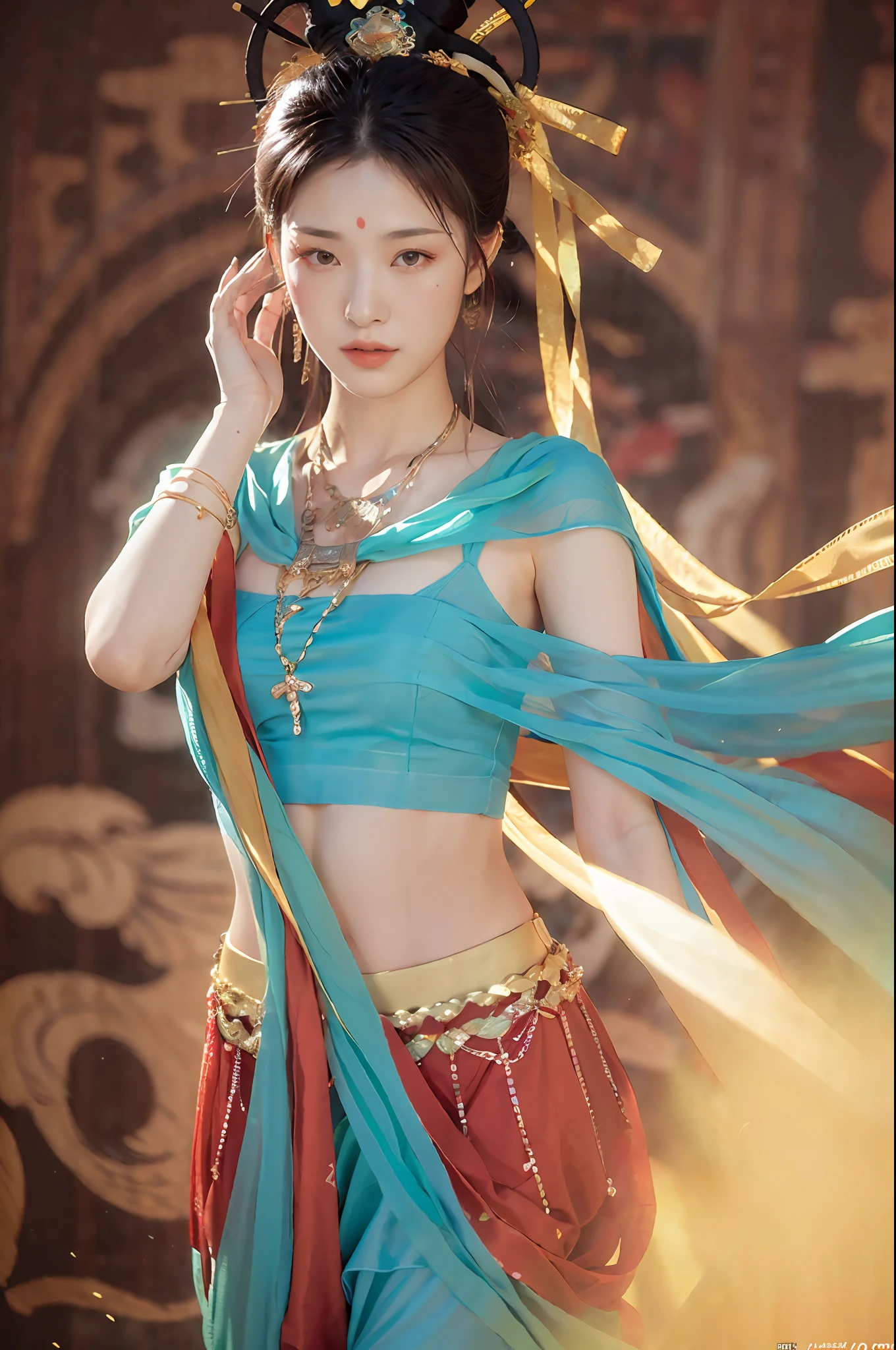 (8k, RAW photo, best quality, masterpiece:1.2), (realistic, photo-realistic:1.4), (extremely detailed CG unity 8k wallpaper), 1 girl solo, dance, dunhuang_dress, dunhuang_style, dunhuang_background, blurry_background,
