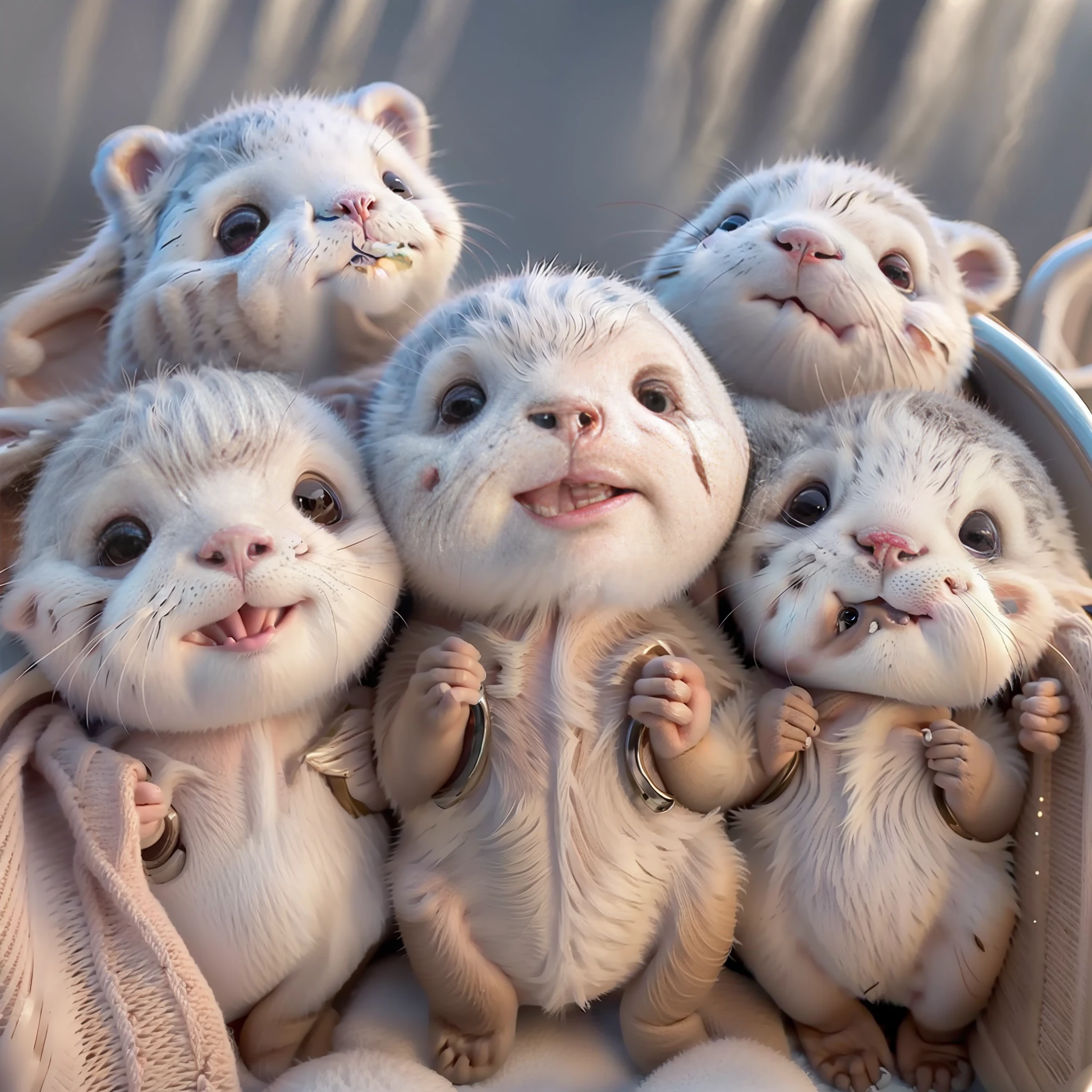 There were four otters in the bathtub、One is looking at the camera, Cute otter, looking straight to the camera, looks directly at camera, looking straight at camera, smiling for the camera, look in camera, cuteness, a cute adorable, Adorable, wave a hand at the camera, winking at the camera, just a cute little thing, looking toward camera