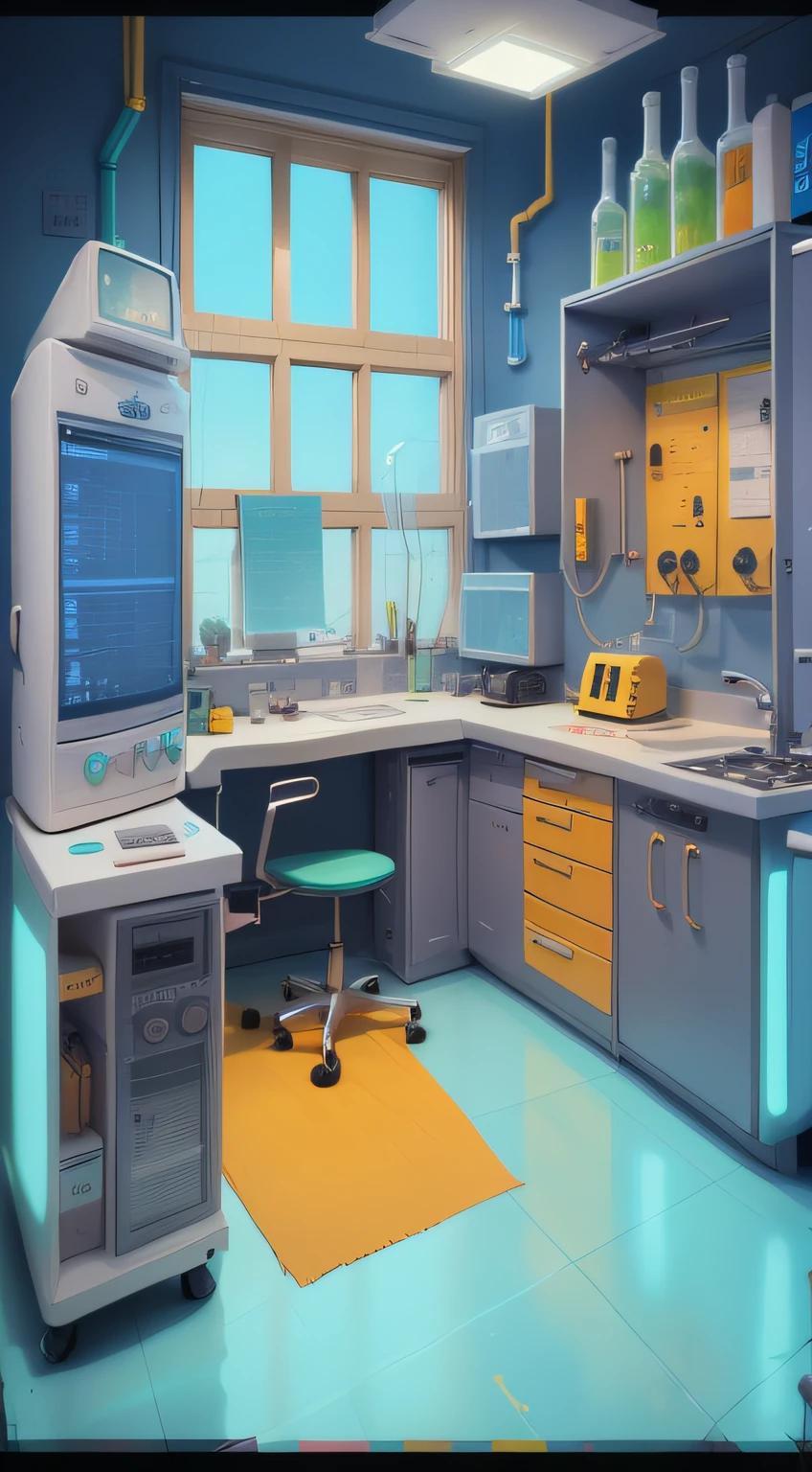 High-tech lab，Cartoon colors，Cool instruments on the walls，The floor near it is dark gray --auto