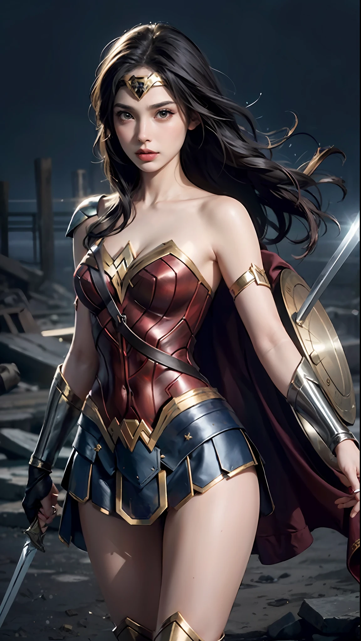 Beautiful woman detailed defined body using Wonder Woman role-playing，Cleavage small breasts，short  skirt，long sword，Gal Gadot，