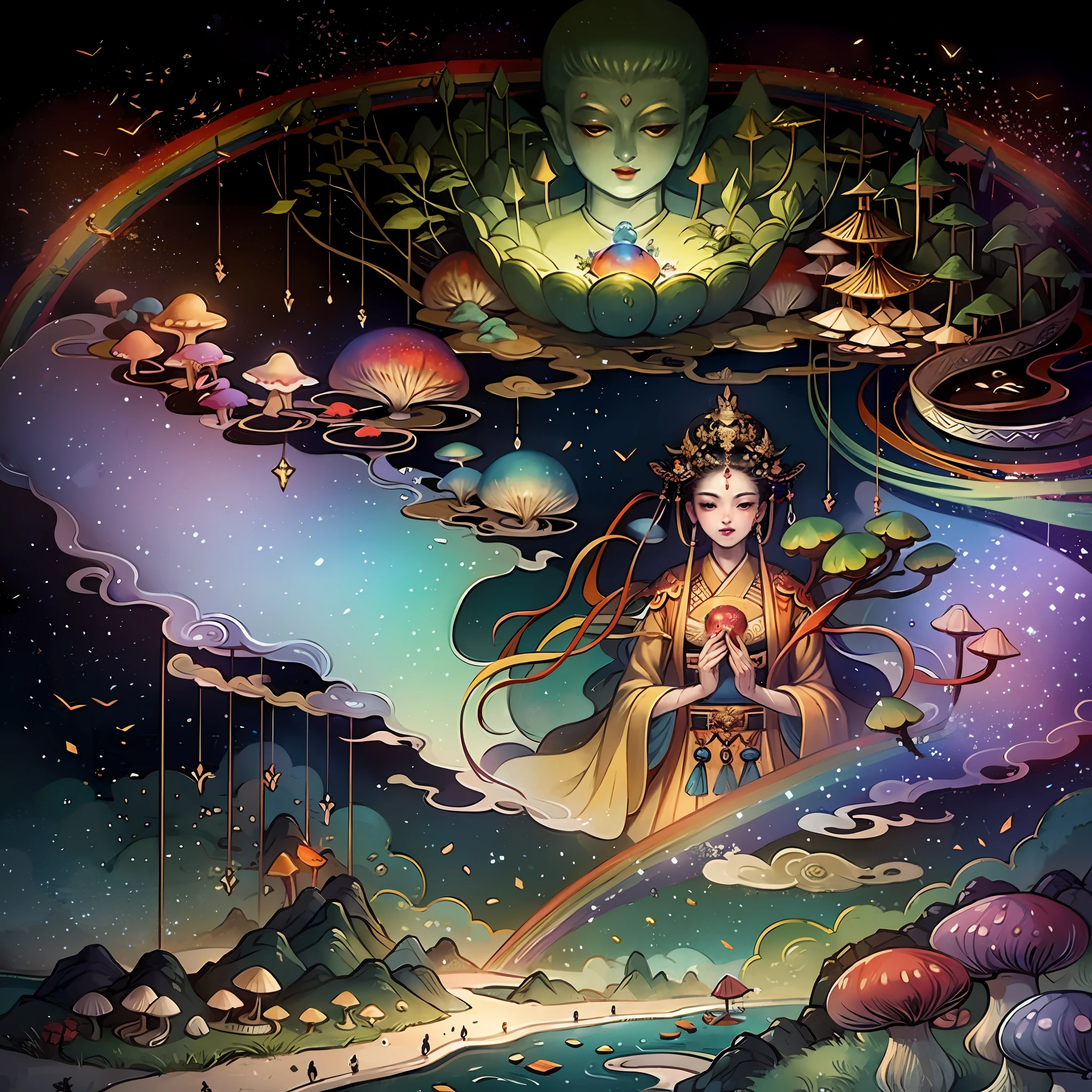 An ancient Chinese painting, ancient Chinese background, mountains, rivers, auspicious clouds, pavilions, sunshine,(psychedelic details),(mushrooms),(rainbow),(trippy),(DMT),(Buddha),intricate details, more details, high details,masterpieces, super detail, epic composition, ultra HD, high quality, extremely detailed, official art, unified 8k wallpaper, Super detail, 32k -- v 6
