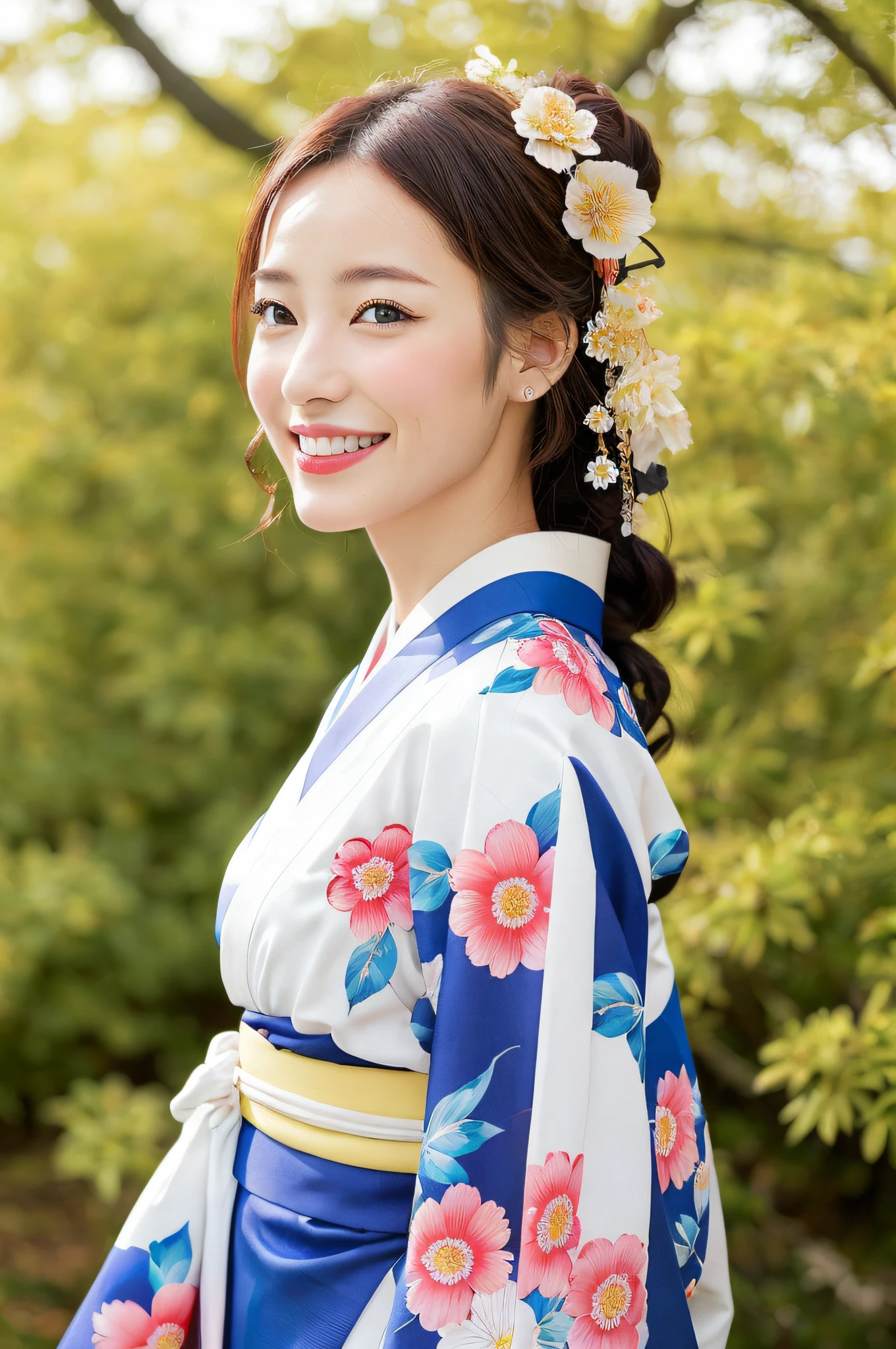 独奏, plein air, model in Japan, with floral pattern, hair adornments, looking at the viewers, flower in hair, verd s eyes, a masterpiece of, beste-Qualit, realisitic, Wearing kimono_Clothes、a smile