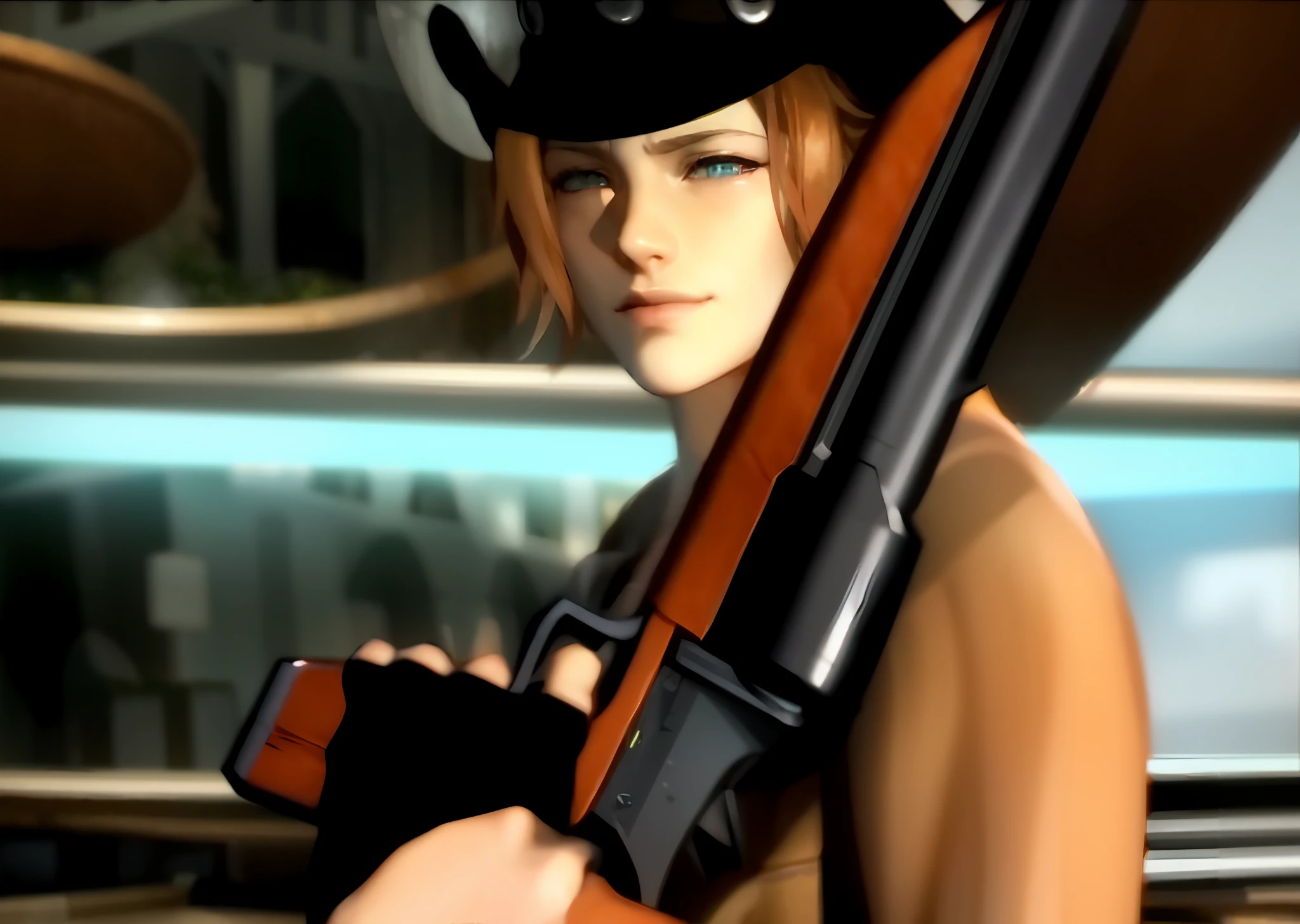 Irvine Kinneas, brown hair, blue eyes, cowboy hat, There's a man holding a gun and a gun in a video game, video game cutscene, video game screenshot, Tenir un fusil de chasse, Tenant un fusil de chasse, cgi cutscene, ps 2 screenshot, V de Devil May Cry en Elfe, video game screenshot>, Ashe, Natalie de Epic Battle Fantasy, Revy de Black Lagoon, videogame still, Revy Black Lagoon