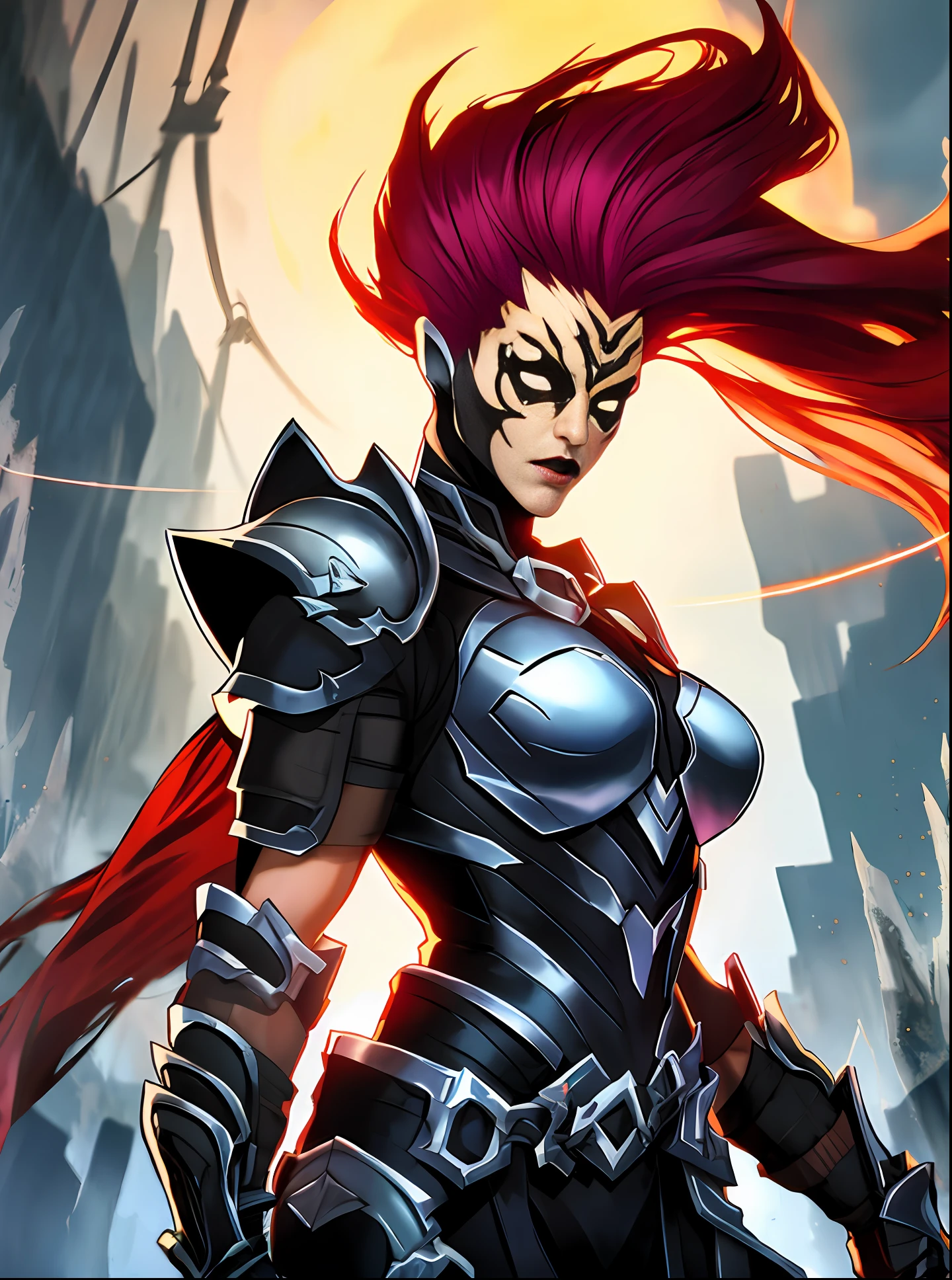 Olor, girlish, furia, Darksiders3, dynamic  pose, Intricate pattern, metal pesado, Power lines, anonymous, Ojos blancos brillantes, Pelo largo y rojo, wind blew hair, elegante, intenso, El atuendo es mayormente negro, con acentos rojos y negros, ((heavy armor with skull details)),Fury wields a whip, solo, desierto, soleado,Dramatic lighting, (Obra maestra:1.2), La mejor calidad, High resolution, Hermoso detalle, extremadamente detallado, perfect ilumination