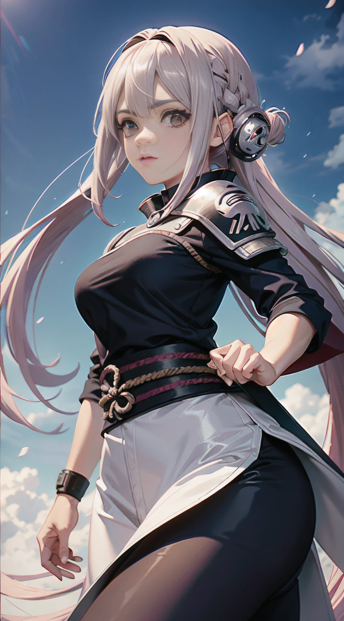 uma linda garota com longos cabelos rosa solo, roupas de shinobi em tom preto e roxo, anime naruto, (obra-prima), (melhor qualidade:1.0), (ultra highres:1.0), fundo branco