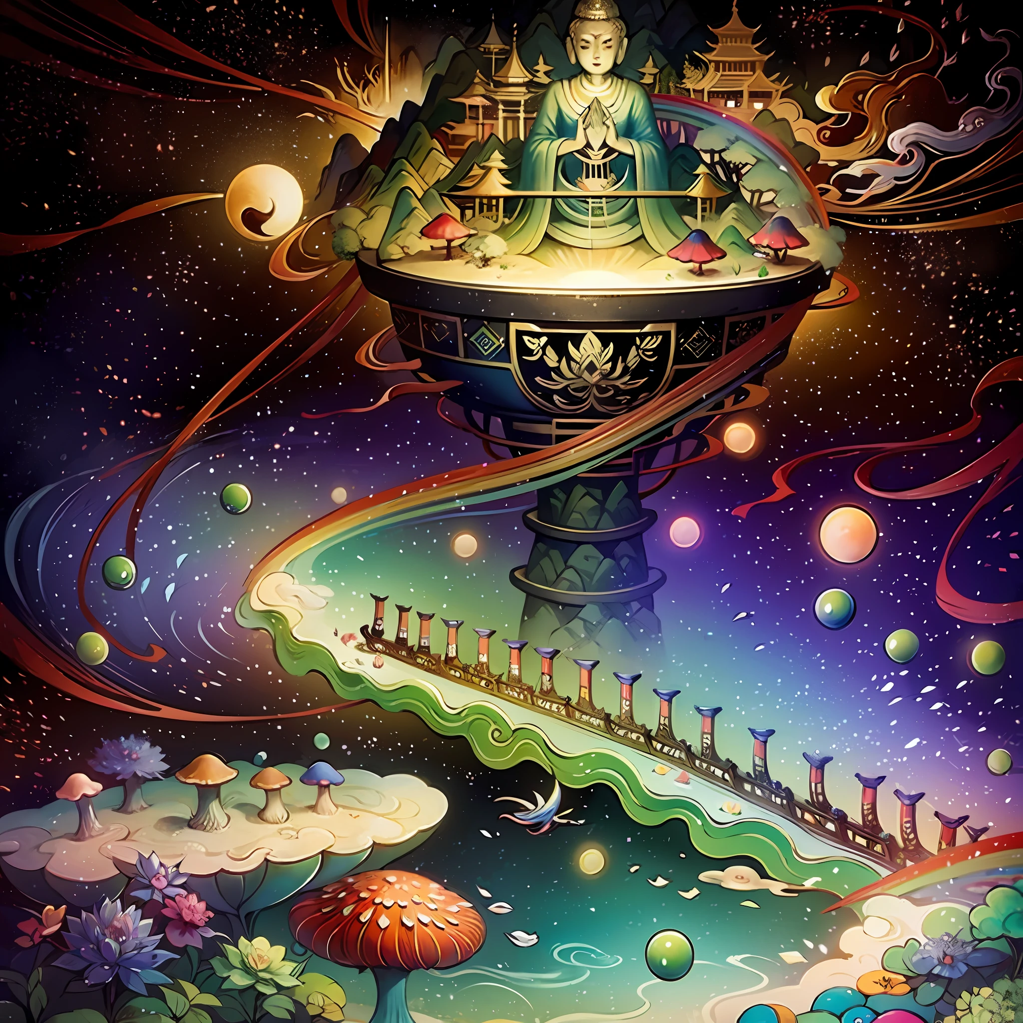 An ancient Chinese painting, ancient Chinese background, mountains, rivers, auspicious clouds, pavilions, sunshine,(psychedelic details),(mushrooms),(rainbow),(trippy),(DMT),(Buddha),intricate details, more details, high details,masterpieces, super detail, epic composition, ultra HD, high quality, extremely detailed, official art, unified 8k wallpaper, Super detail, 32k -- v 6