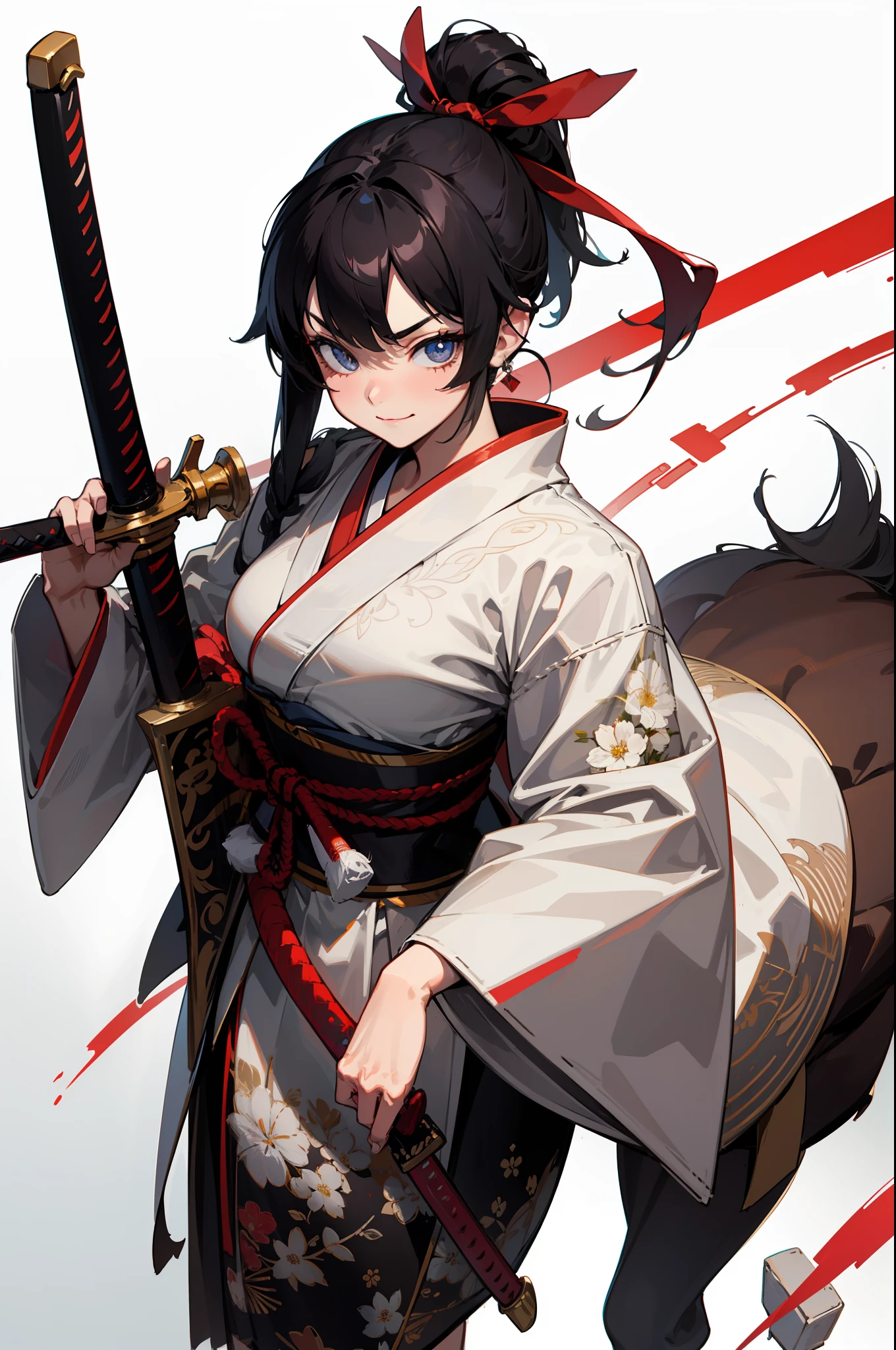 master-piece,hyper quality, hyper detailed,perfect drawing,CG,3D,8k,illustration、Hi-Res、独奏、a beautifulchi girl、Lower body is a horse、Samurai attire、Possesses a Samurai Sword、komono、irritated、Sharp eyes、long eyelashes、dark-haired、poneyTail、a smile、