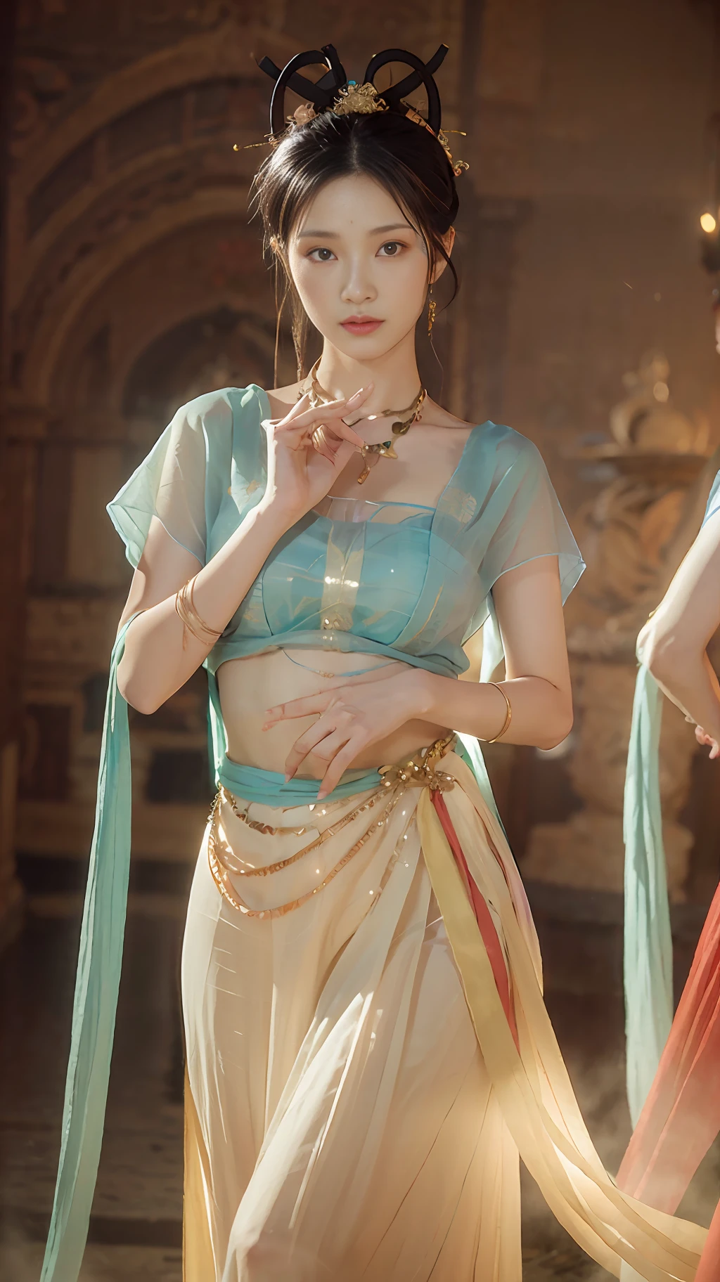 (8k, RAW photo, best quality, masterpiece:1.2), (realistic, photo-realistic:1.4), (extremely detailed CG unity 8k wallpaper), 1 girl solo, dance, dunhuang_dress, dunhuang_style, dunhuang_background,
