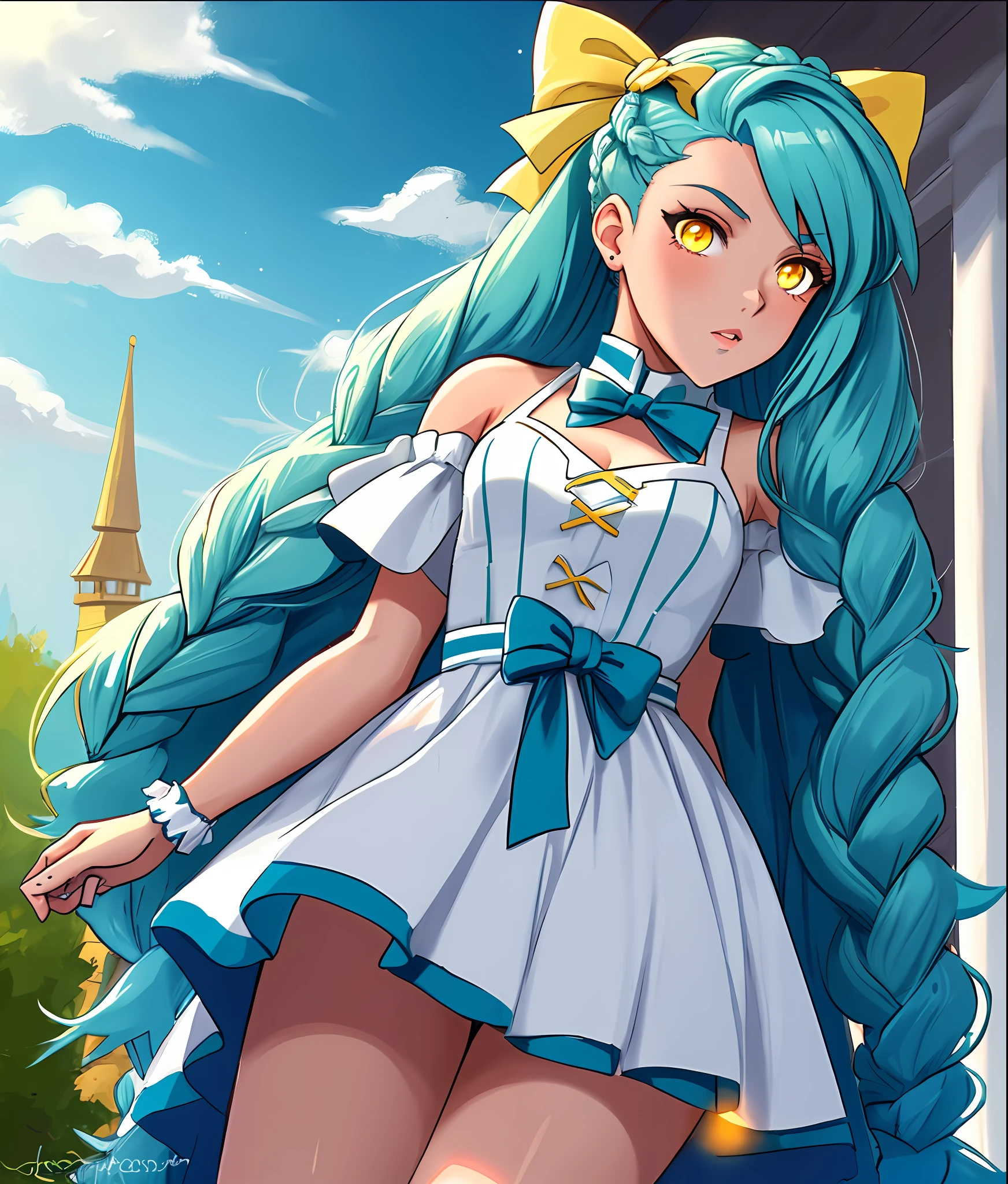 Wayward Magical Transformation Girl, sky-blue with teal stripes costume, fluffy white wrist bands, white fluffy bow, deep blue Box braids hairstyle, glowing yellow eyes, masterpiece, best quality