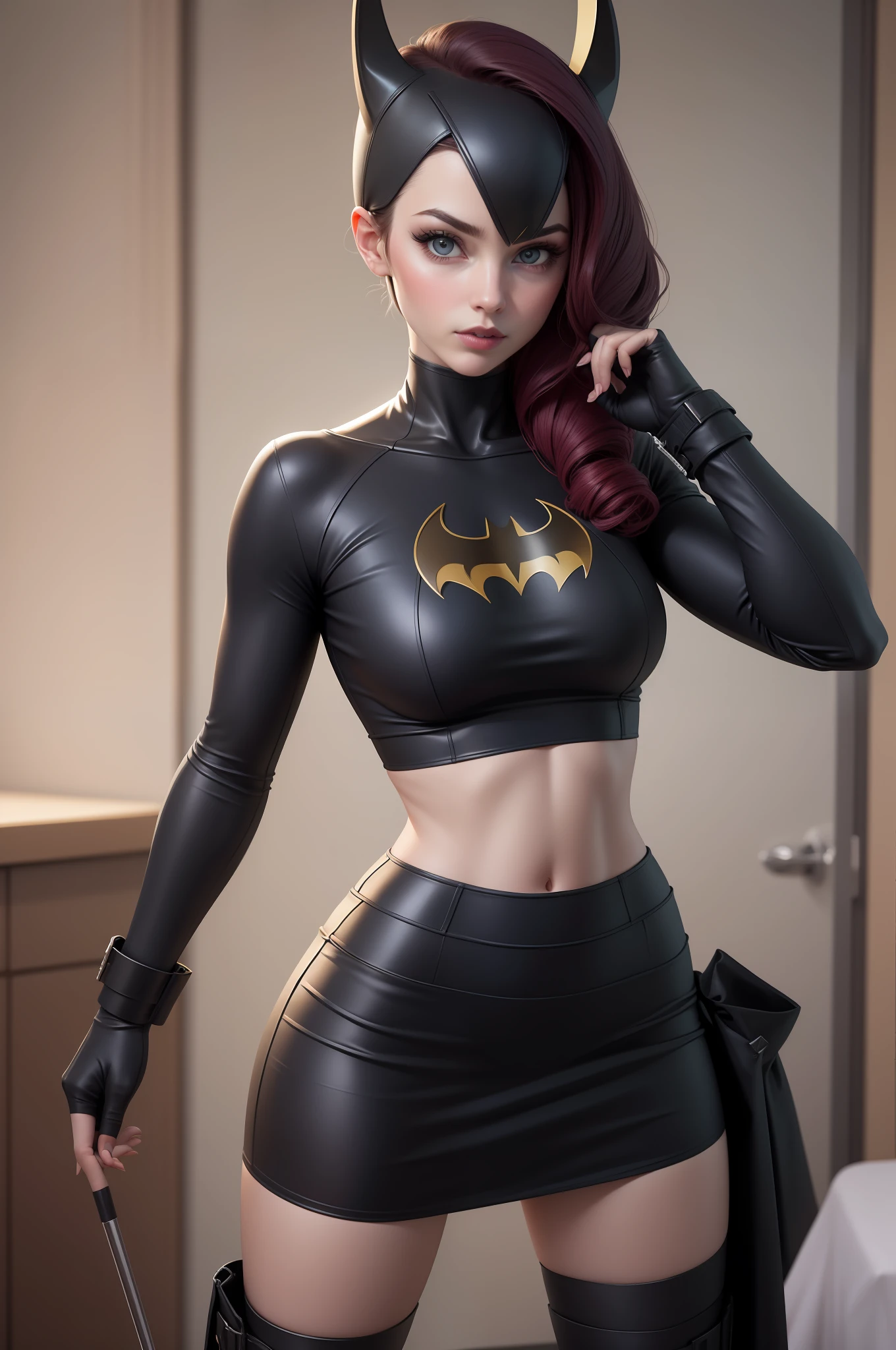 sexy batgirl cabelo vermelho longo e olhos azuis, faixa de cabelo preto, croptop branco, mangas curtas, capa vermelha, blue pencil skirt, botas vermelhas, luvas brancas