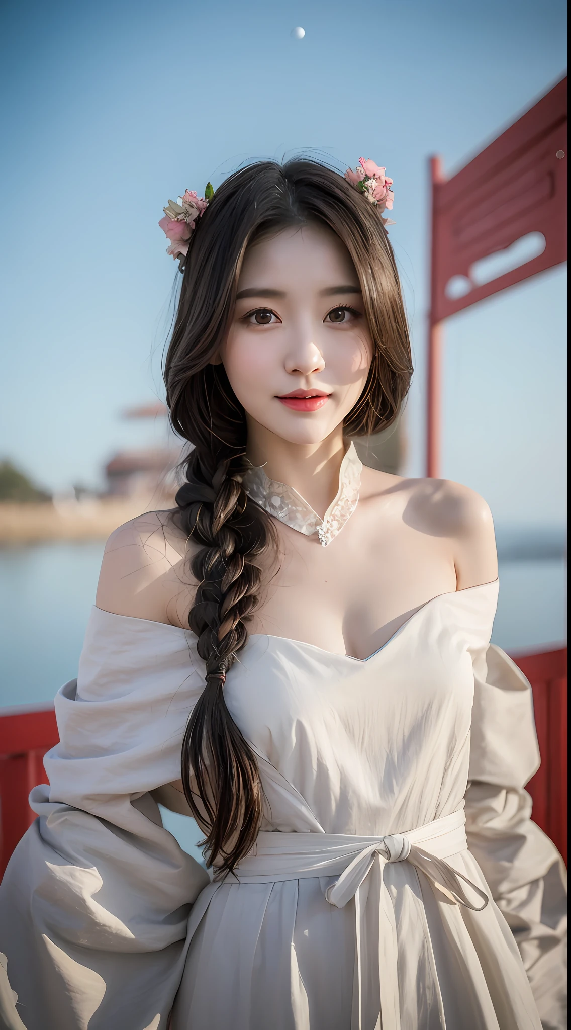 1girl, smile, light on face,A bunny girl, (bunny ears:0.8), hanfu, off_shoulder, Dancing, long_shot, (clouds, Chinese White_Temp, Super Moon), Moon, hyperrealistic,4k,photography,magazine photoshoot,ultra highly detailed, (abstract art:1.4), professional lighting, masterpiece, best quality, ultra high res, beautiful, long_hair, disheveled hair,hanfu,(Chinese Mike_white theme), (Clouds, wind, full moon, flowers), moon, (full body:0.8) moyou,Hanfu,moyou