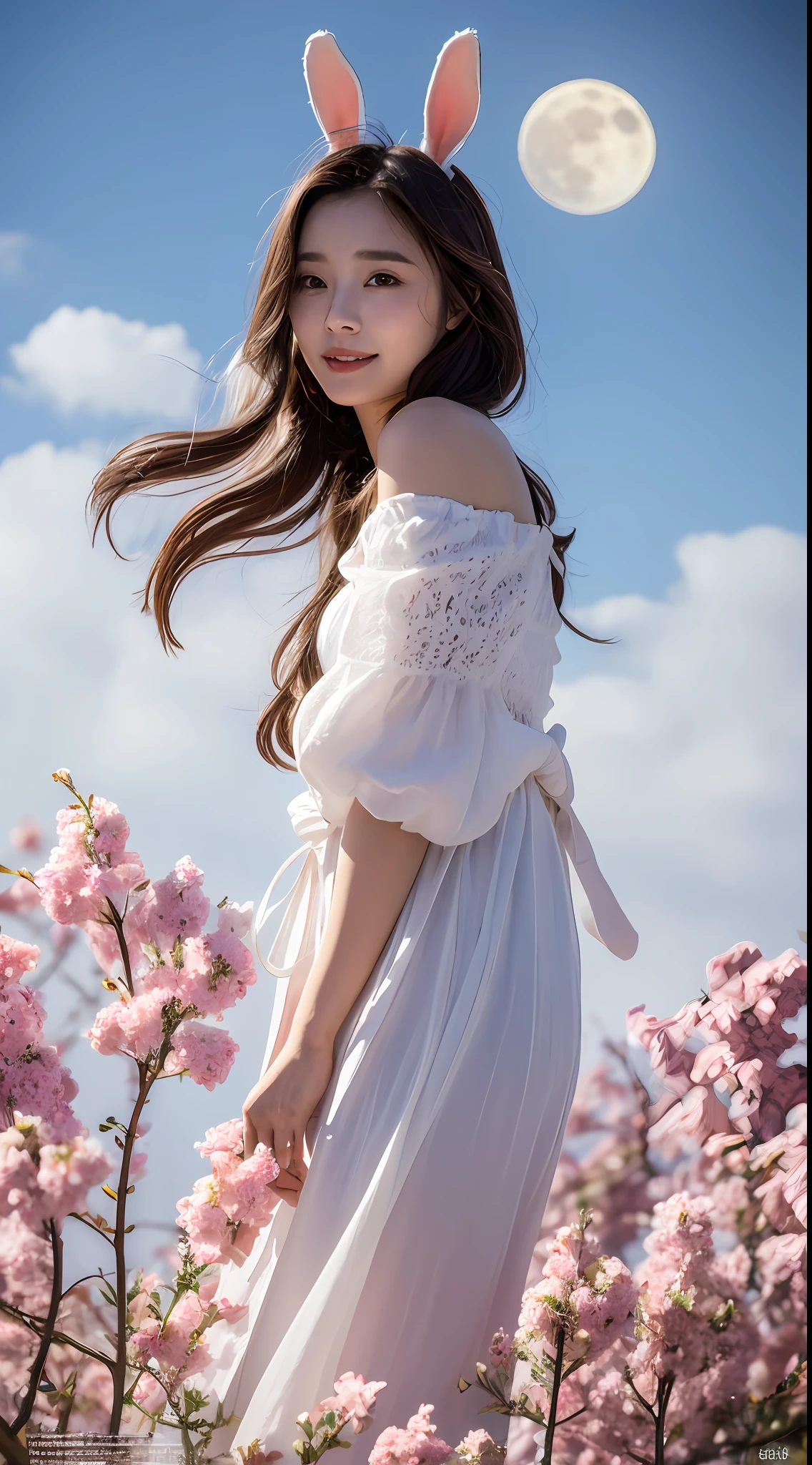 1girl, smile,  light on face,A bunny girl, (bunny ears:0.8), hanfu, off_shoulder, Dancing, long_shot, (clouds, Chinese White_Temp, Super Moon), Moon, hyperrealistic,4k,photography,magazine photoshoot,ultra highly detailed, (abstract art:1.4), professional lighting, masterpiece, best quality, ultra high res, beautiful, long_hair, disheveled hair,hanfu,(Chinese Mike_white theme), (Clouds, wind, full moon, flowers), moon, （full body：0.8)  moyou,Hanfu,moyou