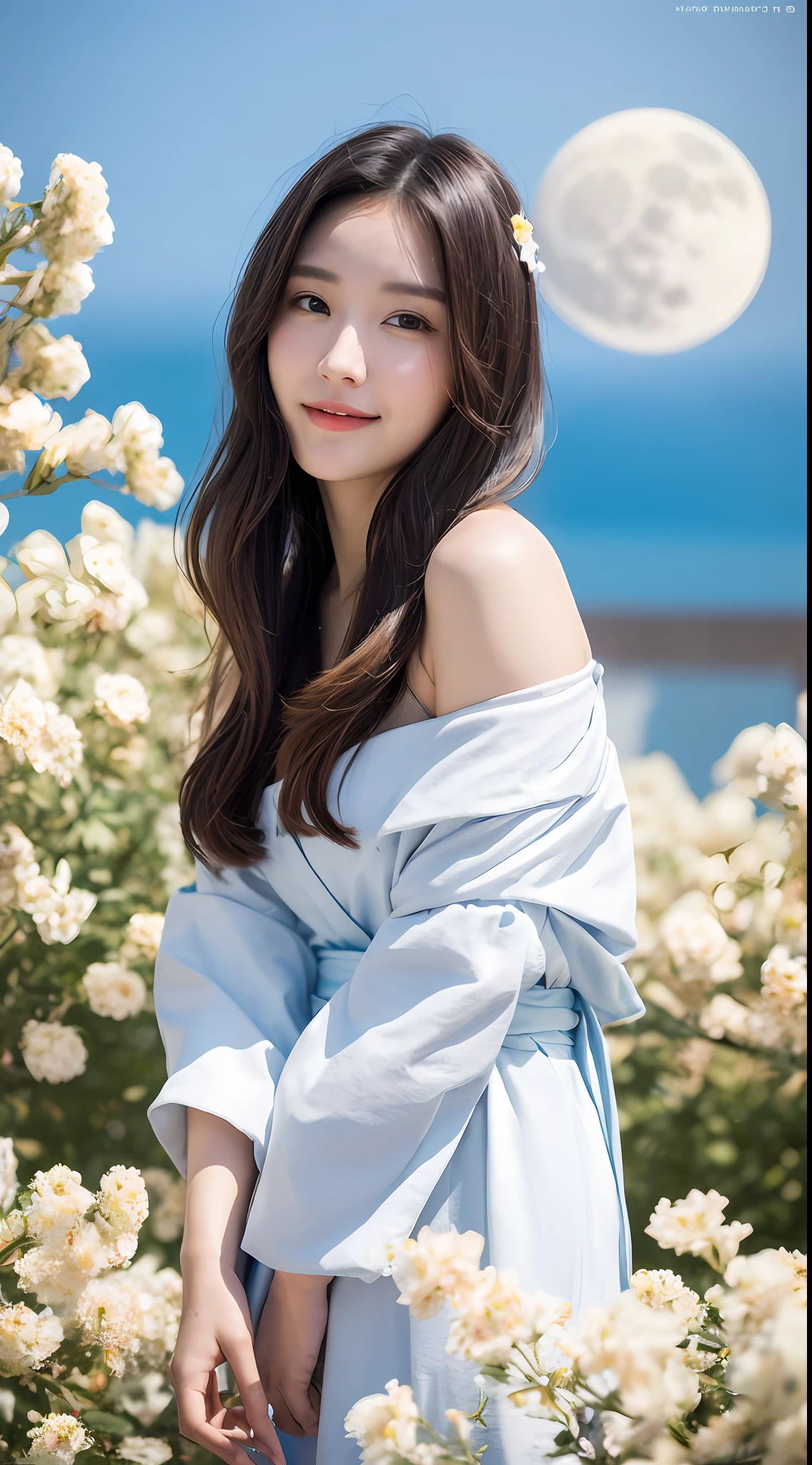 1girl, smile, light on face,A bunny girl, (bunny ears:0.8), hanfu, off_shoulder, Dancing, long_shot, (clouds, Chinese White_Temp, Super Moon), Moon, hyperrealistic,4k,photography,magazine photoshoot,ultra highly detailed, (abstract art:1.4), professional lighting, masterpiece, best quality, ultra high res, beautiful, long_hair, disheveled hair,hanfu,(Chinese Mike_white theme), (Clouds, wind, full moon, flowers), moon, (full body:0.8) moyou,Hanfu,moyou