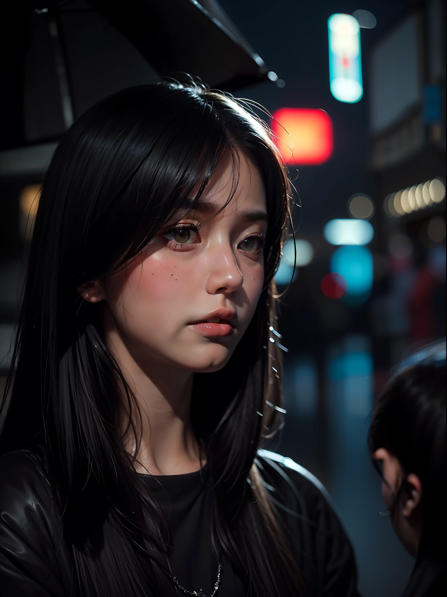 Best quality, masterpiece, ultra high res, (photorealistic:1.4), raw photo, 1girl, in the dark, deep shadow, low key, cold light, closeup, on the streets of Japan, night time , rainy night, Japan streets , neon lighting background