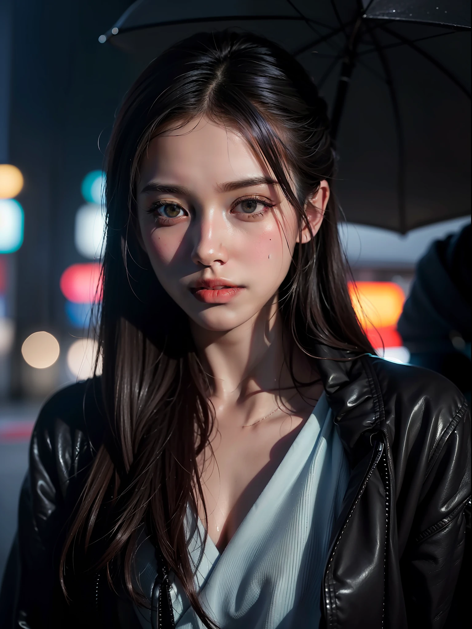 Best quality, masterpiece, ultra high res, (photorealistic:1.4), raw photo, 1girl, in the dark, deep shadow, low key, cold light, closeup, on the streets of Japan, night time , rainy night, Japan streets , neon lighting background