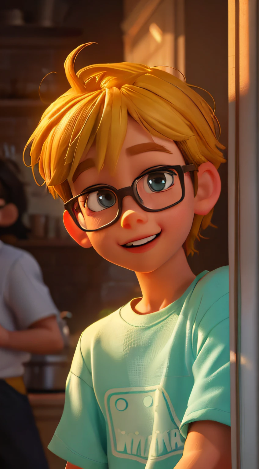 there is a young boy with glasses standing in a kitchen, animated film, animated movie, close up character, animated movie still, 3 d animated movie, cartoon pixar style, animation film still, closeup shot, animation film, bright macro view pixar, arnold maya render, cute character, animation character, cg art, animation still, pixar cartoon style, character close-up