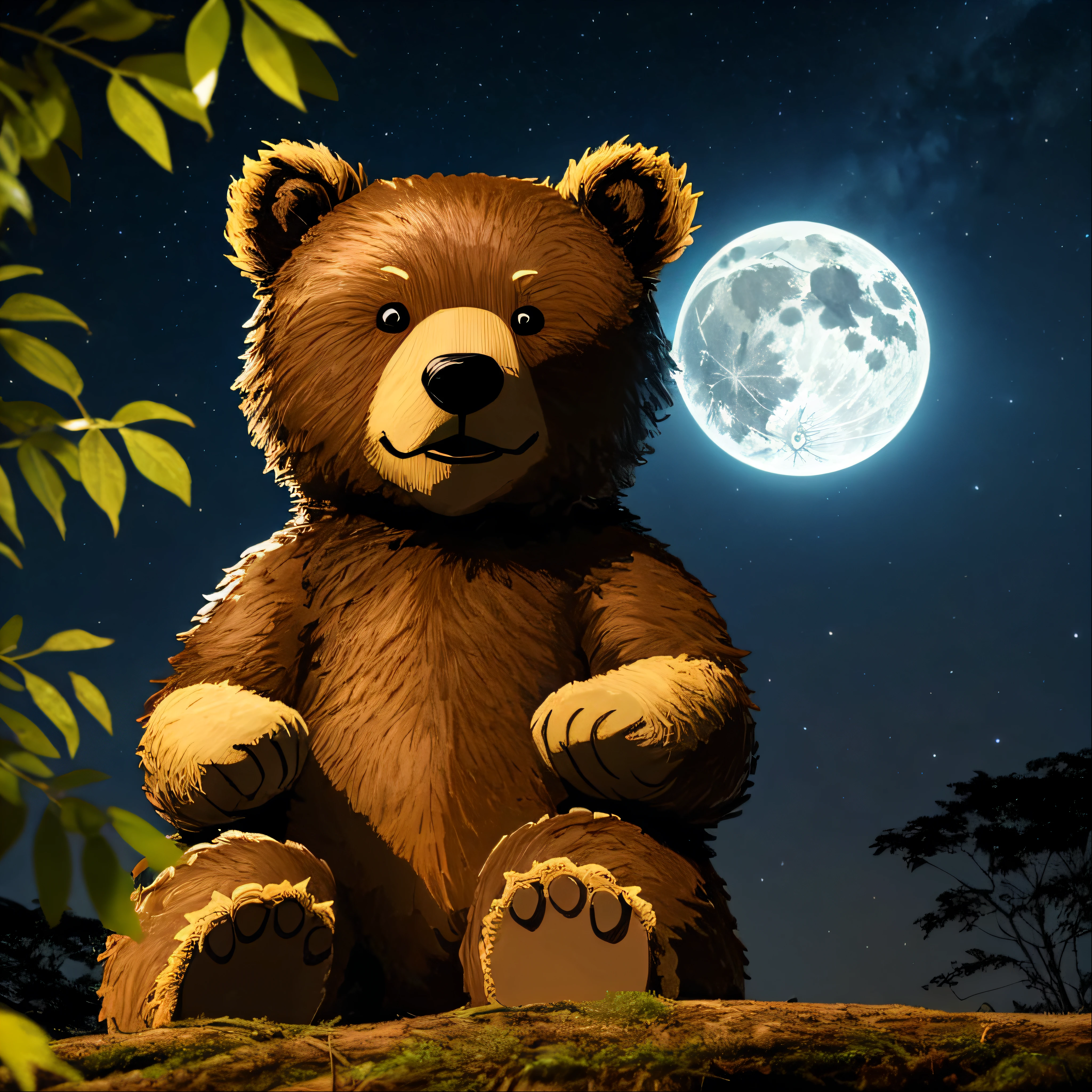 crie uma imagem de urso na floresta, noite admirando olhando a lua --auto