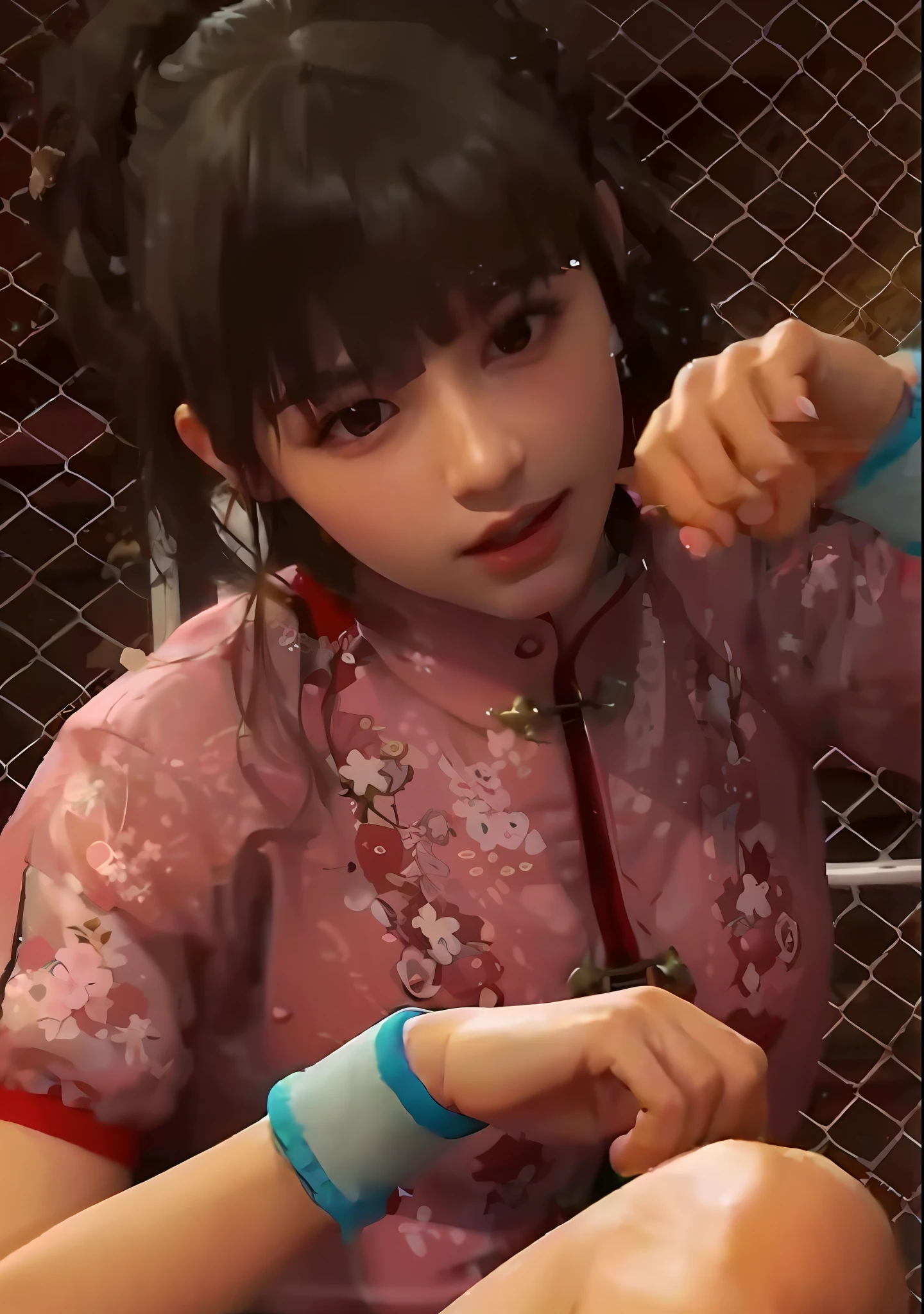 a photorealistic, A high resolution, 1 rapariga, Korea person, Heterochromia eyes, small moles under eyes, plein air、Brown hair、Pink china clothes、Light blue wristband、Blunt bangs